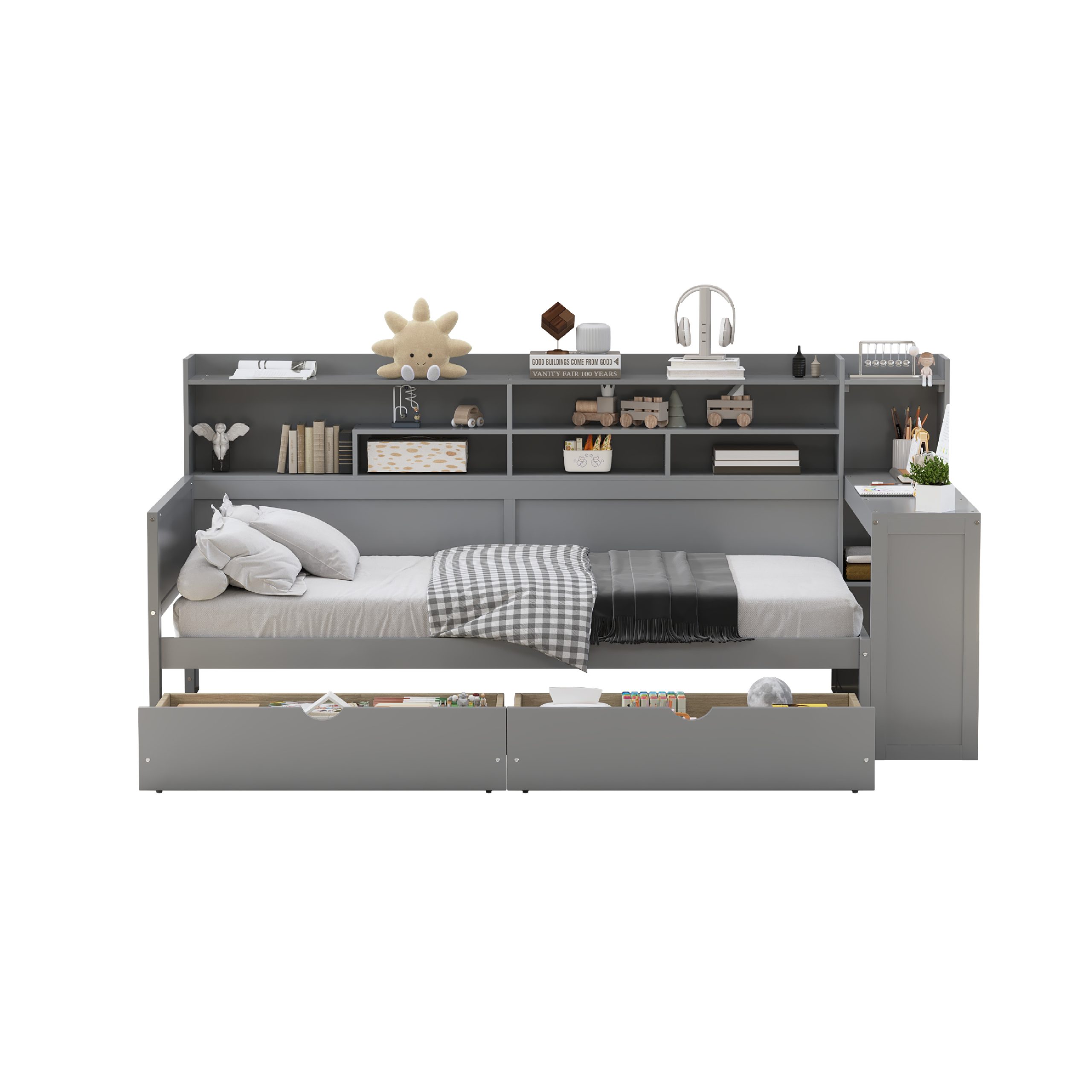 Wooden Twin Size Daybed with Storage Shelves, Multi-functional Bed with Two Storage Drawers and Study Desk, Gray - Image 5
