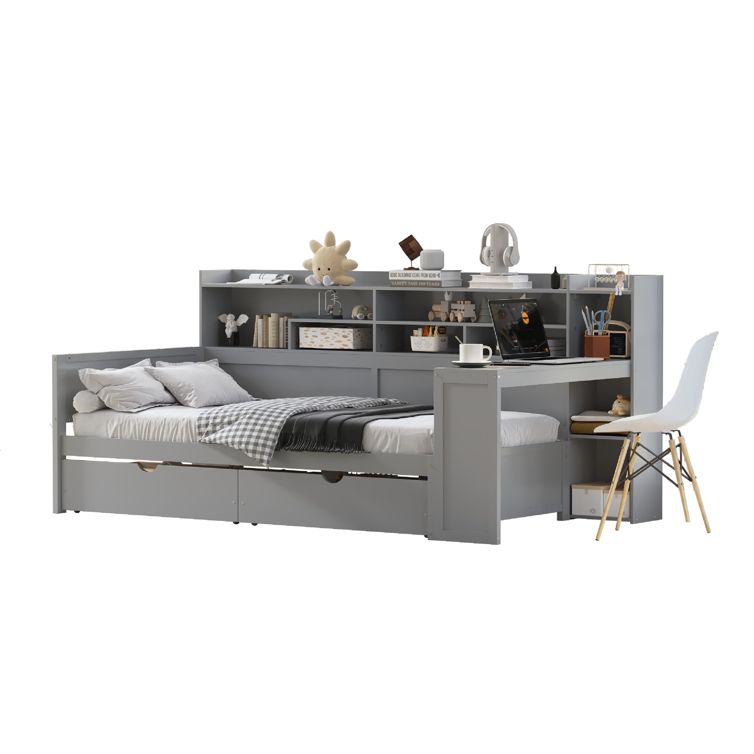 Wooden Twin Size Daybed with Storage Shelves, Multi-functional Bed with Two Storage Drawers and Study Desk, Gray - Image 6