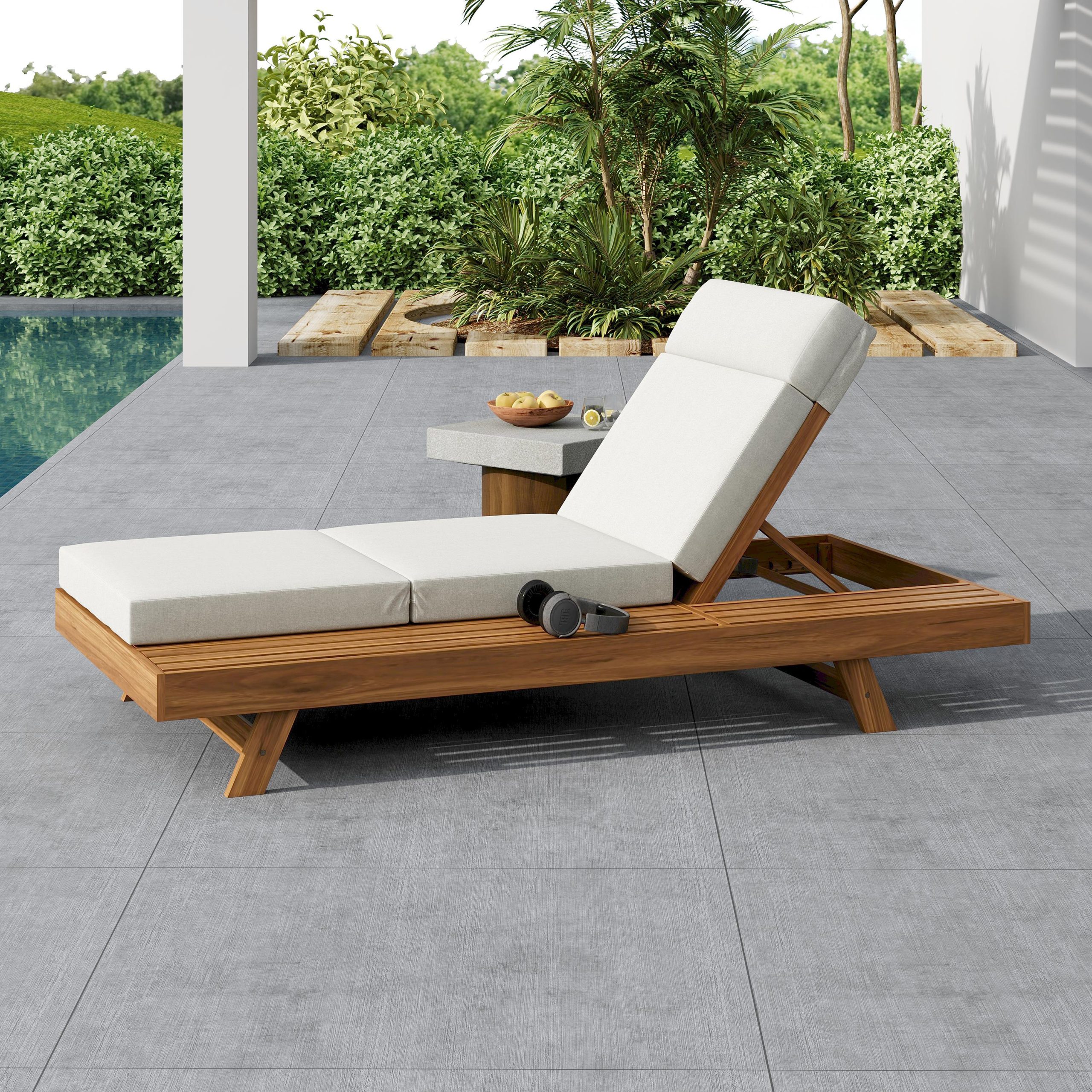LOUNGE CHAISE SET WITH HEADREST,SPACE AVAILABLE ON ONE SIDE, ACACIA WOOD WITH WATER-RESISTANT LOUNGE CUSHIONS (CREAM & 3-FOLD & 4 inch) - MATCHING DARK GREY/BEIGE VERSION AVAILABLE - Image 2