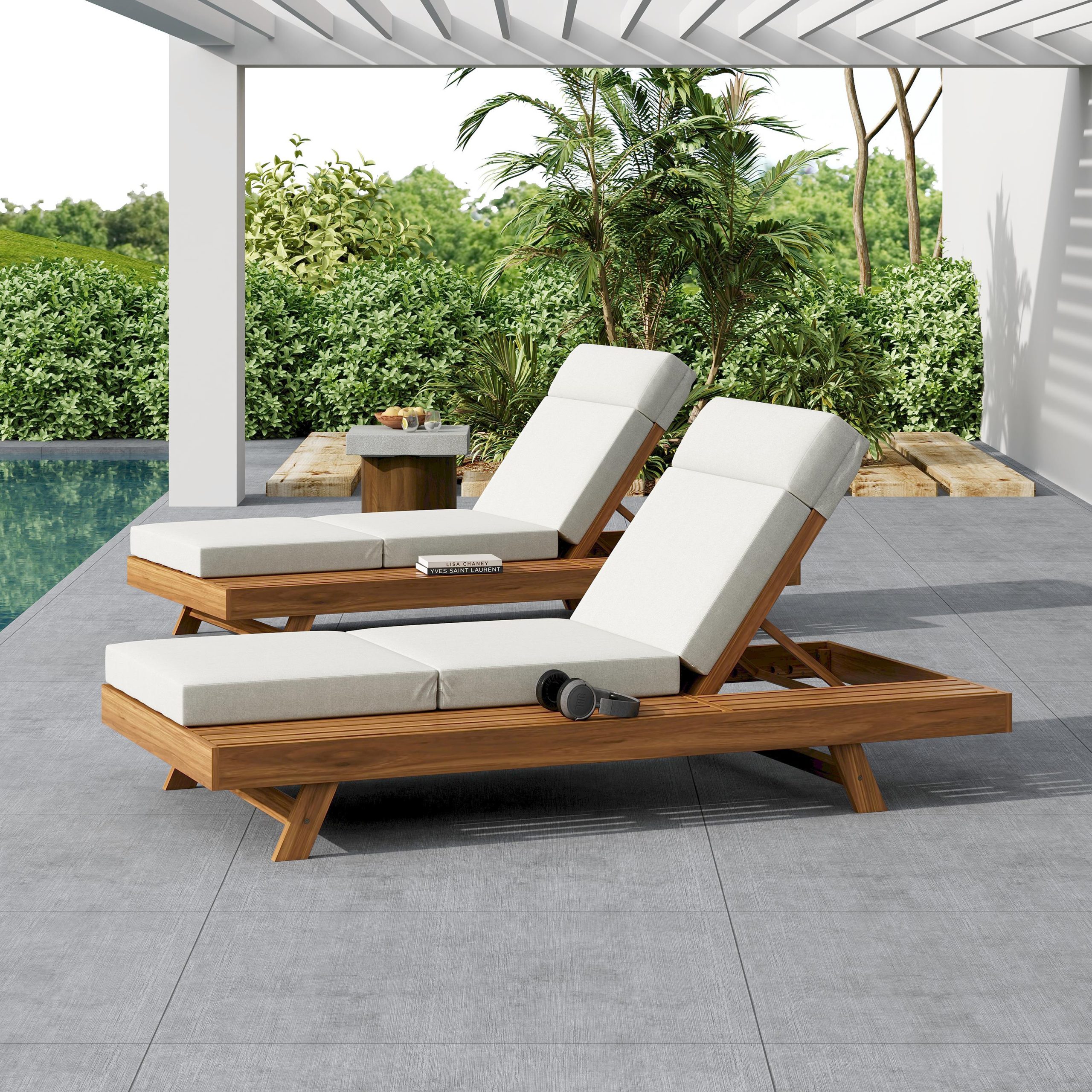 LOUNGE CHAISE SET WITH HEADREST,SPACE AVAILABLE ON ONE SIDE, ACACIA WOOD WITH WATER-RESISTANT LOUNGE CUSHIONS (CREAM & 3-FOLD & 4 inch) - MATCHING DARK GREY/BEIGE VERSION AVAILABLE - Image 5