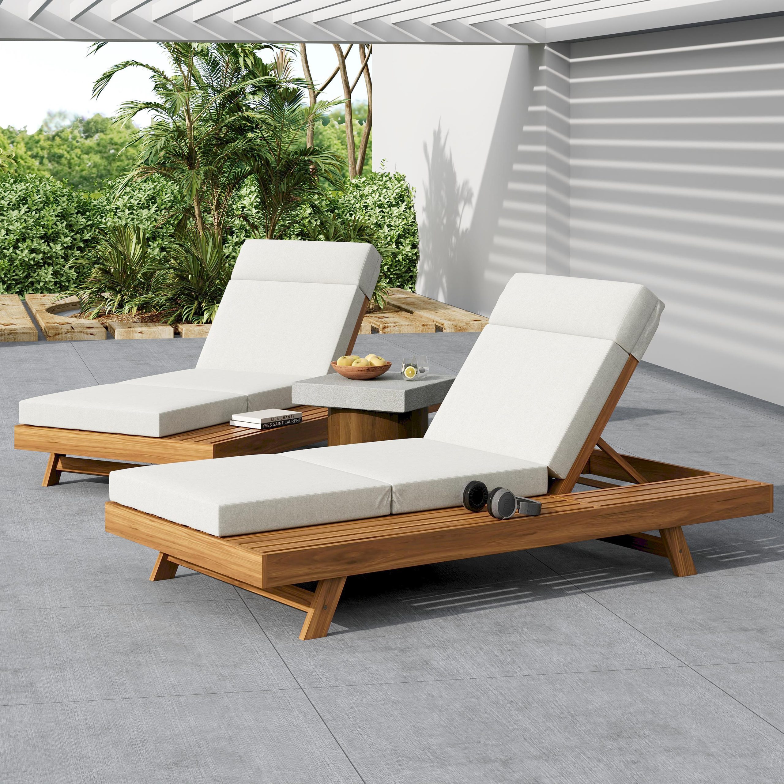 LOUNGE CHAISE SET WITH HEADREST,SPACE AVAILABLE ON ONE SIDE, ACACIA WOOD WITH WATER-RESISTANT LOUNGE CUSHIONS (CREAM & 3-FOLD & 4 inch) - MATCHING DARK GREY/BEIGE VERSION AVAILABLE - Image 6