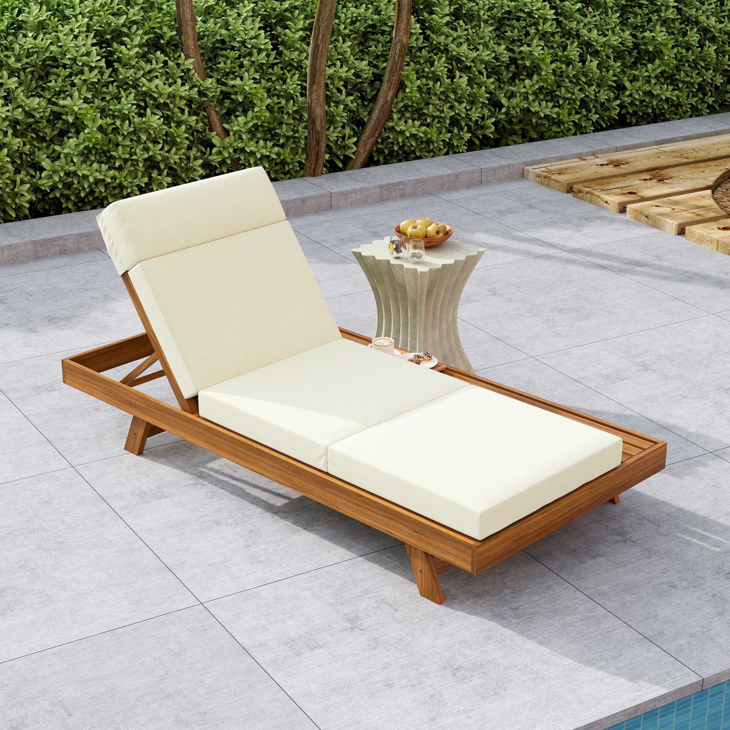 LOUNGE CHAISE SET WITH HEADREST, SPACE AVAILABLE ON ONE SIDE,ACACIA WOOD WITH WATER-RESISTANT LOUNGE CUSHIONS (BEIGE & 3-FOLD & 4 inch) - MATCHING DARK GREY/CREAM VERSION AVAILABLE - Image 2
