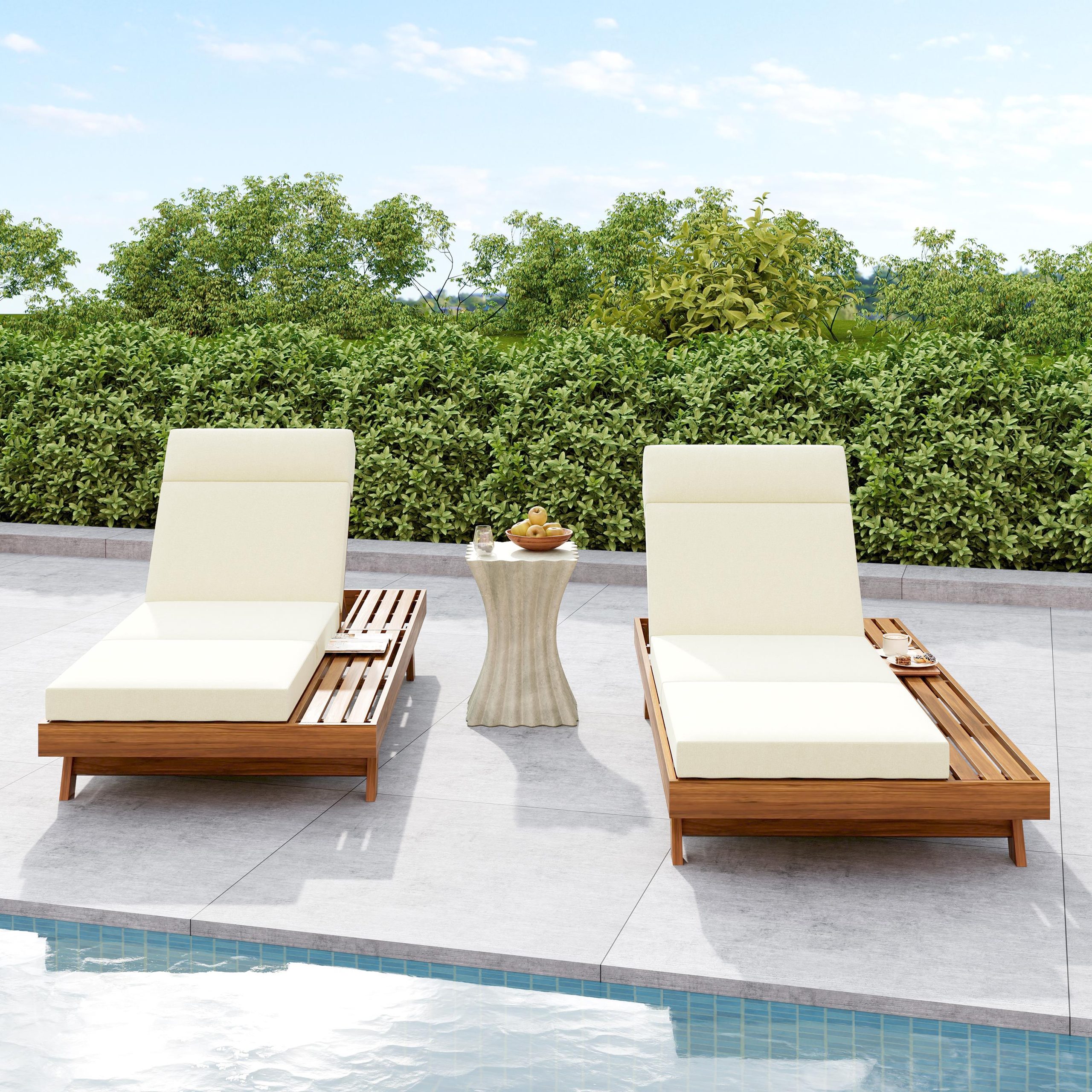 LOUNGE CHAISE SET WITH HEADREST, SPACE AVAILABLE ON ONE SIDE,ACACIA WOOD WITH WATER-RESISTANT LOUNGE CUSHIONS (BEIGE & 3-FOLD & 4 inch) - MATCHING DARK GREY/CREAM VERSION AVAILABLE - Image 5
