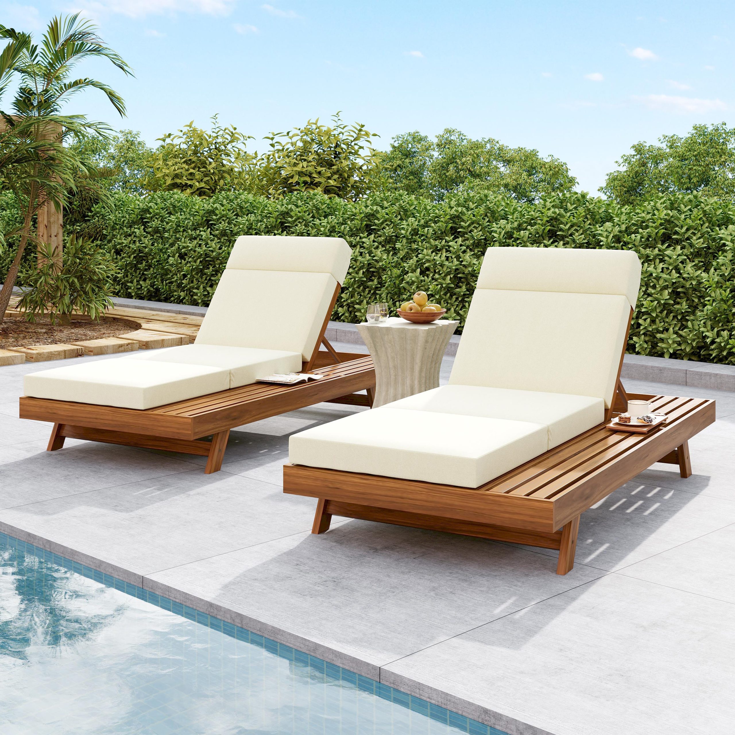 LOUNGE CHAISE SET WITH HEADREST, SPACE AVAILABLE ON ONE SIDE,ACACIA WOOD WITH WATER-RESISTANT LOUNGE CUSHIONS (BEIGE & 3-FOLD & 4 inch) - MATCHING DARK GREY/CREAM VERSION AVAILABLE - Image 6