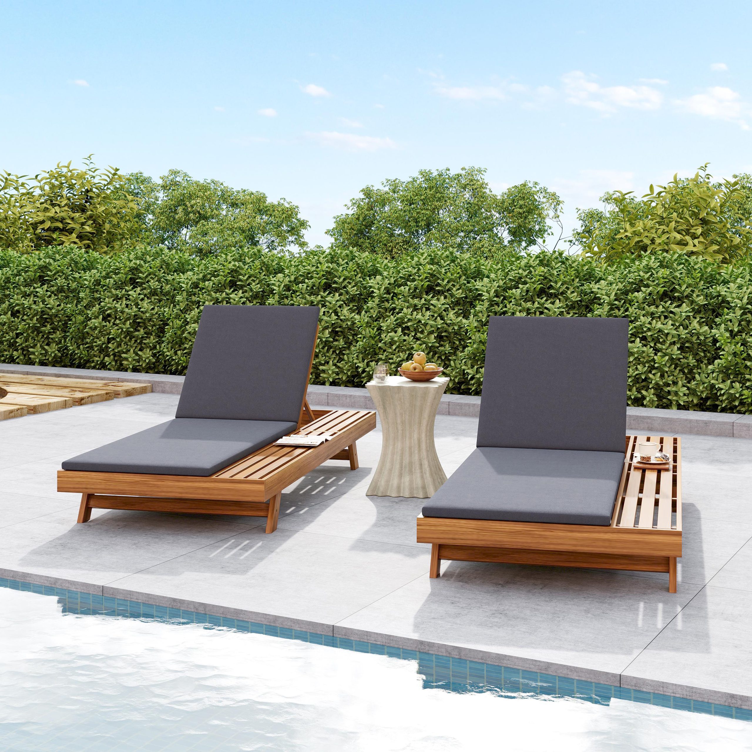 LOUNGE CHAISE SET,SPACE AVAILABLE ON ONE SIDE, ACACIA WOOD WITH WATER-RESISTANT LOUNGE CUSHIONS (Dark Grey/ & 2 INCH THICK) - MATCHING CREAM/LEAF COCONUT VERSION AVAILABLE - Image 5