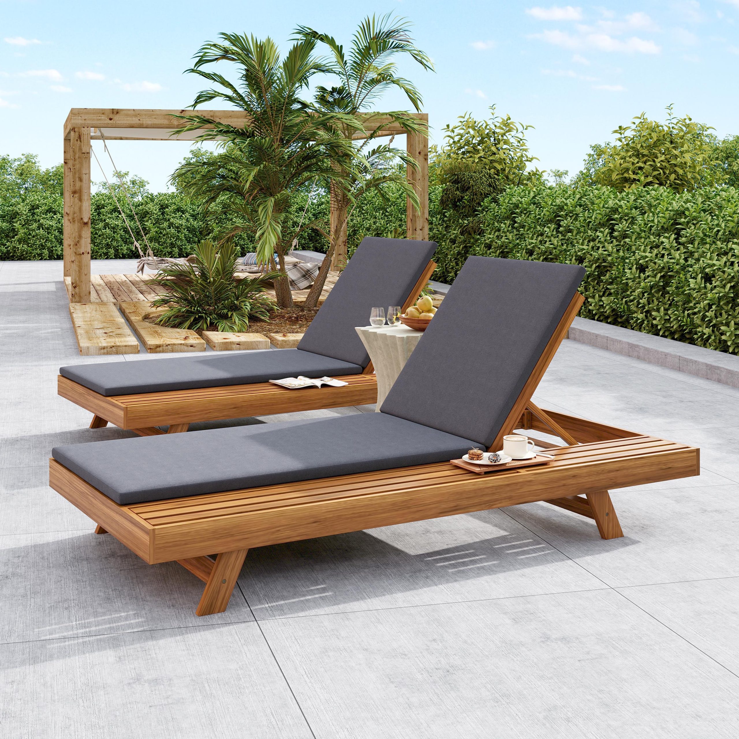 LOUNGE CHAISE SET,SPACE AVAILABLE ON ONE SIDE, ACACIA WOOD WITH WATER-RESISTANT LOUNGE CUSHIONS (Dark Grey/ & 2 INCH THICK) - MATCHING CREAM/LEAF COCONUT VERSION AVAILABLE - Image 6