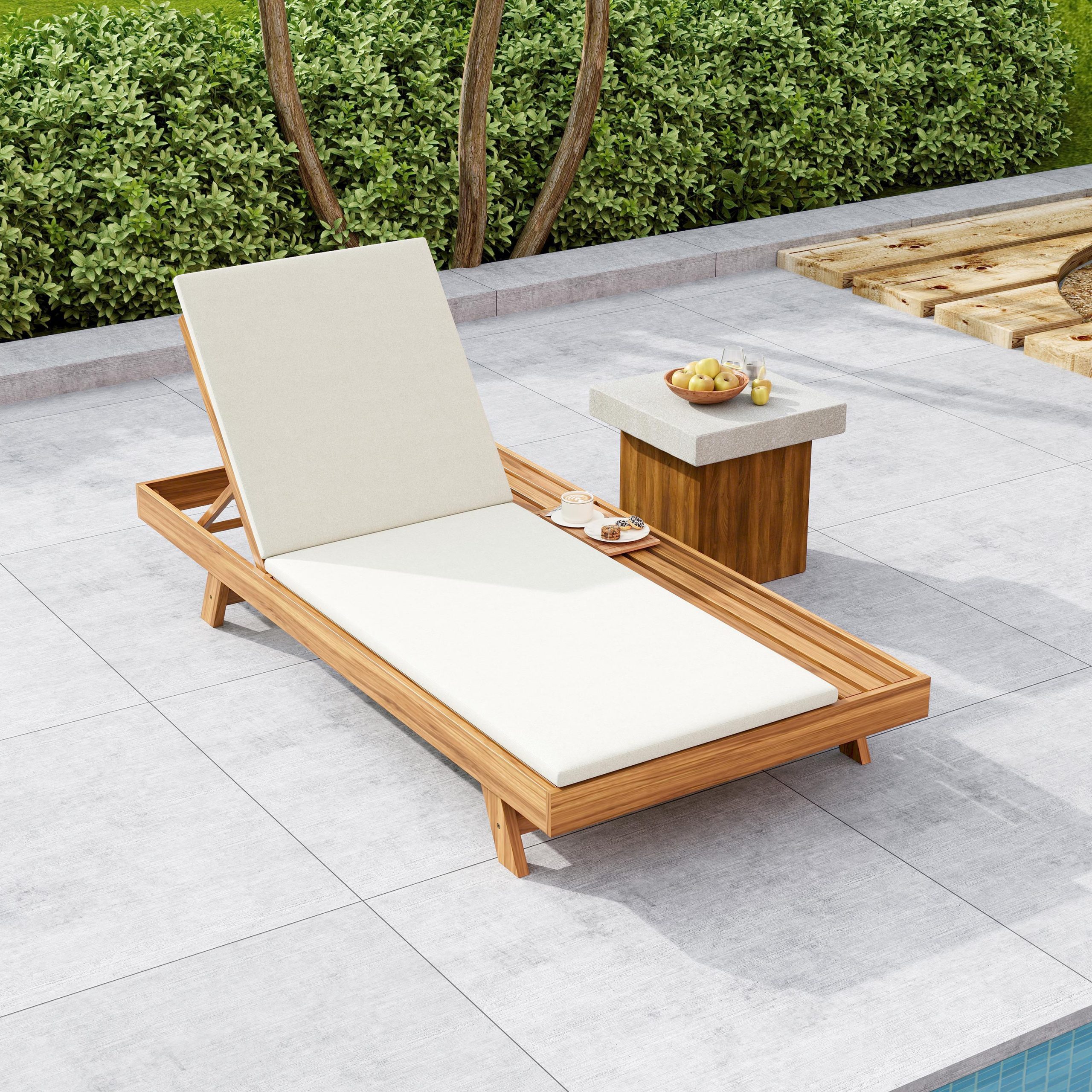 LOUNGE CHAISE SET,SPACE AVAILABLE ON ONE SIDE, ACACIA WOOD WITH WATER-RESISTANT LOUNGE CUSHIONS (CREAM & 2 INCH THICK) - MATCHING DARK GREY/LEAF COCONUT VERSION AVAILABLE - Image 2