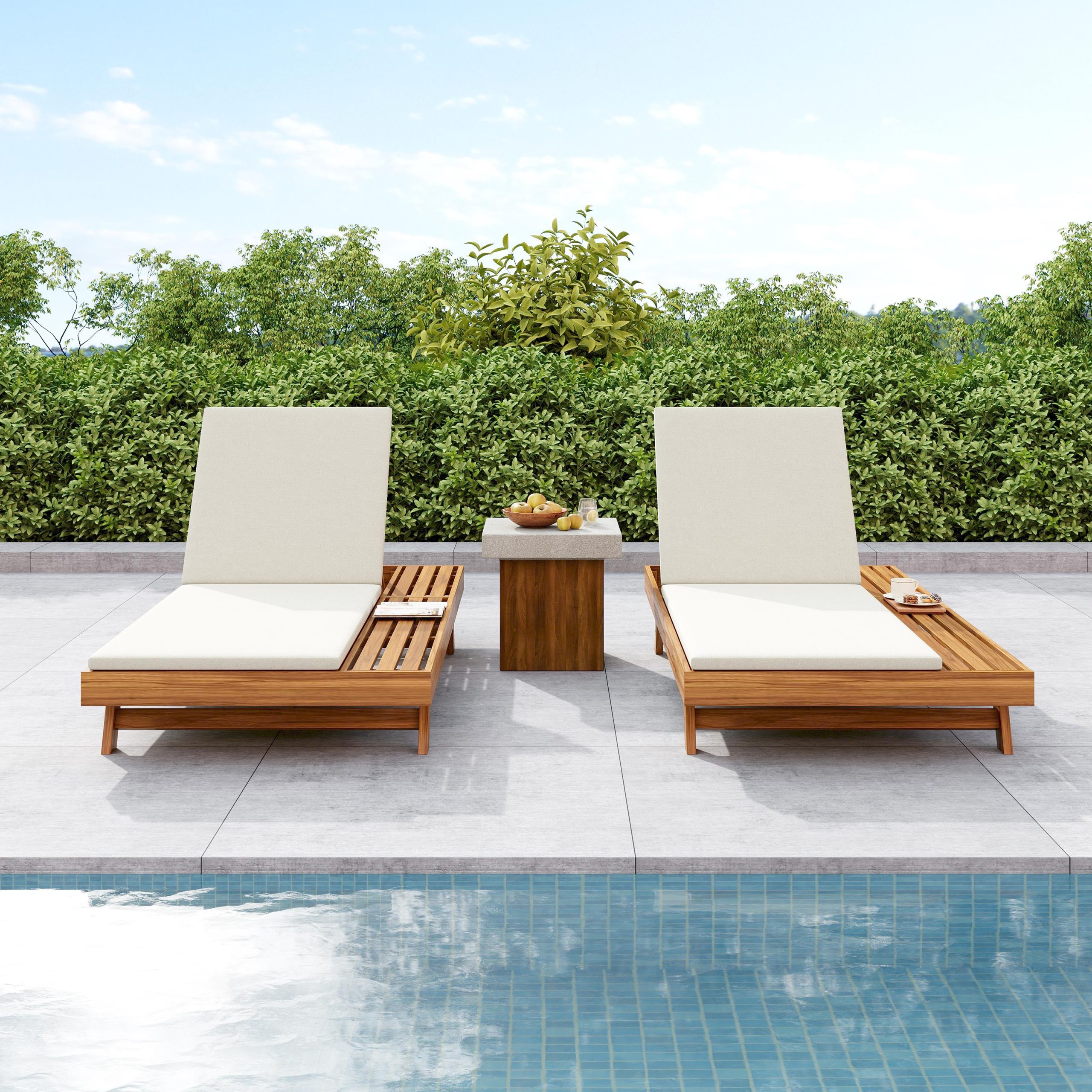 LOUNGE CHAISE SET,SPACE AVAILABLE ON ONE SIDE, ACACIA WOOD WITH WATER-RESISTANT LOUNGE CUSHIONS (CREAM & 2 INCH THICK) - MATCHING DARK GREY/LEAF COCONUT VERSION AVAILABLE - Image 5