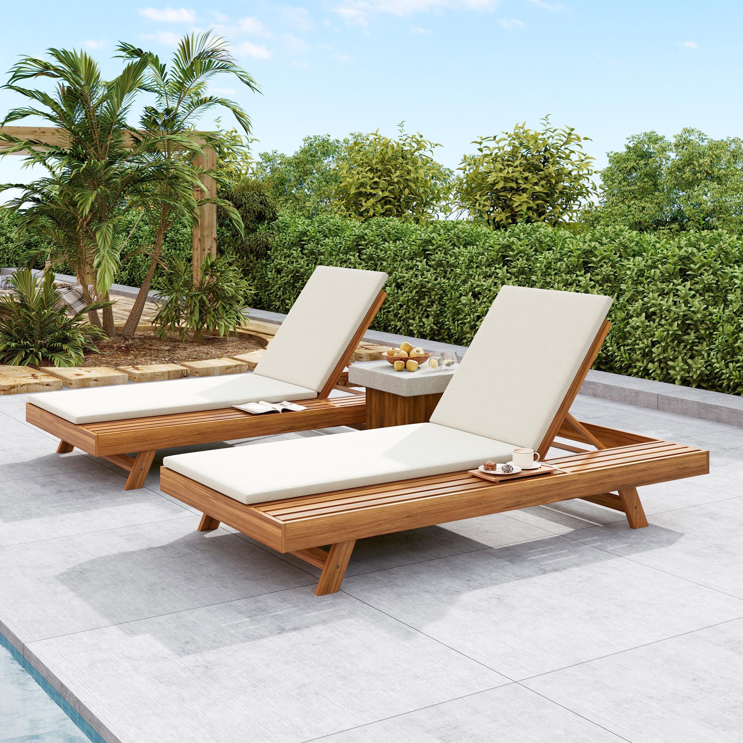 LOUNGE CHAISE SET,SPACE AVAILABLE ON ONE SIDE, ACACIA WOOD WITH WATER-RESISTANT LOUNGE CUSHIONS (CREAM & 2 INCH THICK) - MATCHING DARK GREY/LEAF COCONUT VERSION AVAILABLE - Image 6