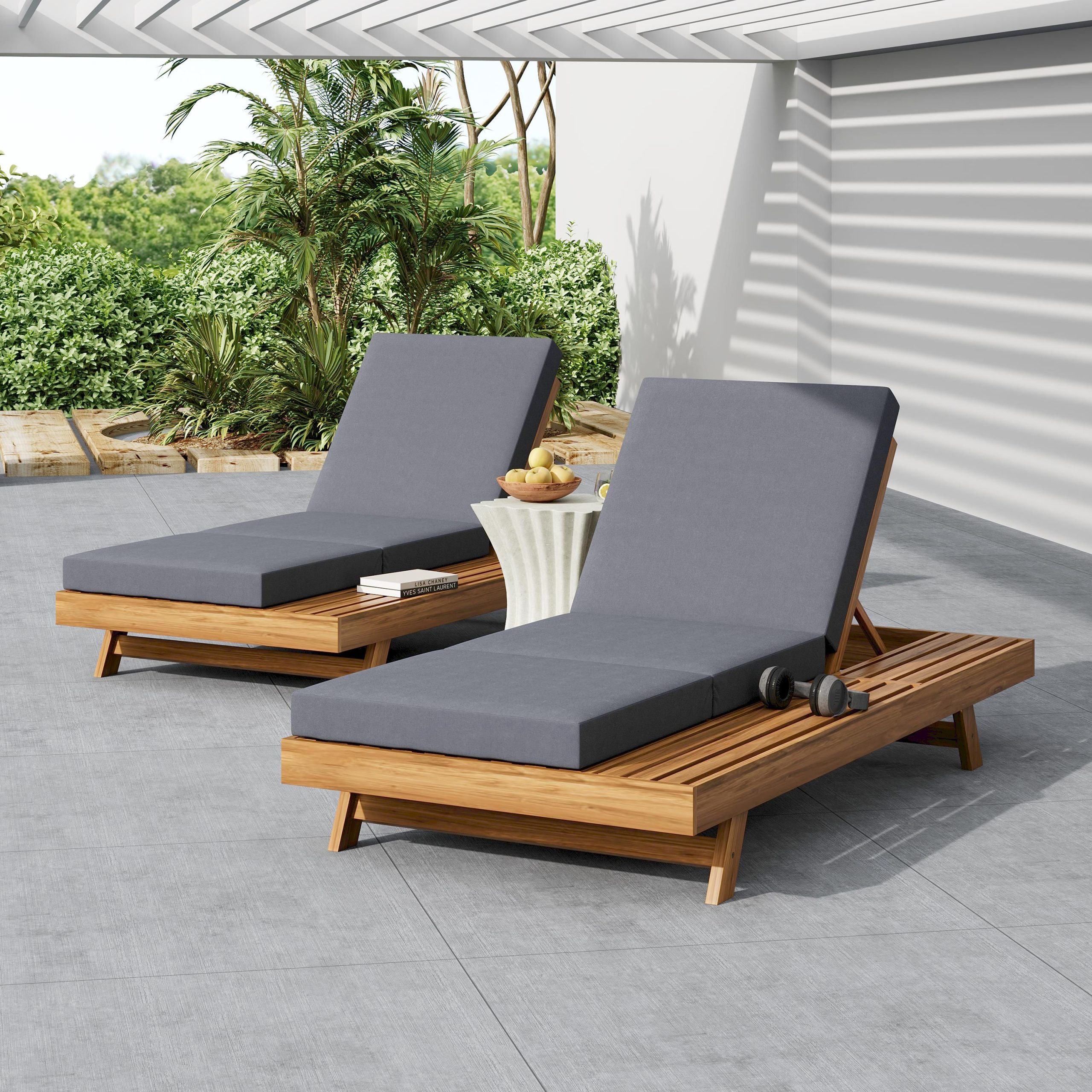 LOUNGE CHAISE SET, SPACE AVAILABLE ON ONE SIDE,ACACIA SOLID WOOD WITH LOUNGE CUSHION (DARK GREY & TRIPLE FOLD) - MATCHING CREAM VERSION AVAILABLE - Image 5