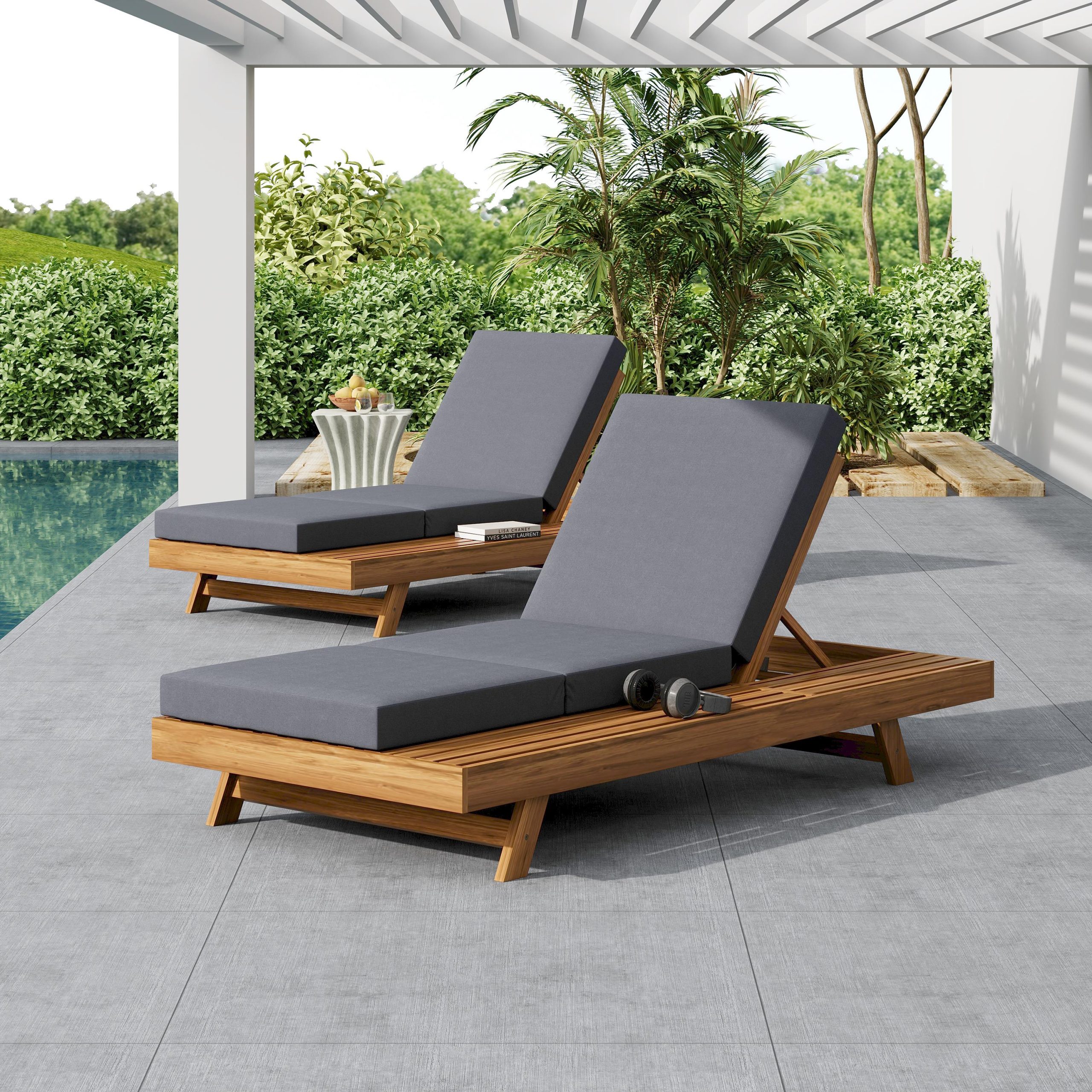 LOUNGE CHAISE SET, SPACE AVAILABLE ON ONE SIDE,ACACIA SOLID WOOD WITH LOUNGE CUSHION (DARK GREY & TRIPLE FOLD) - MATCHING CREAM VERSION AVAILABLE - Image 6