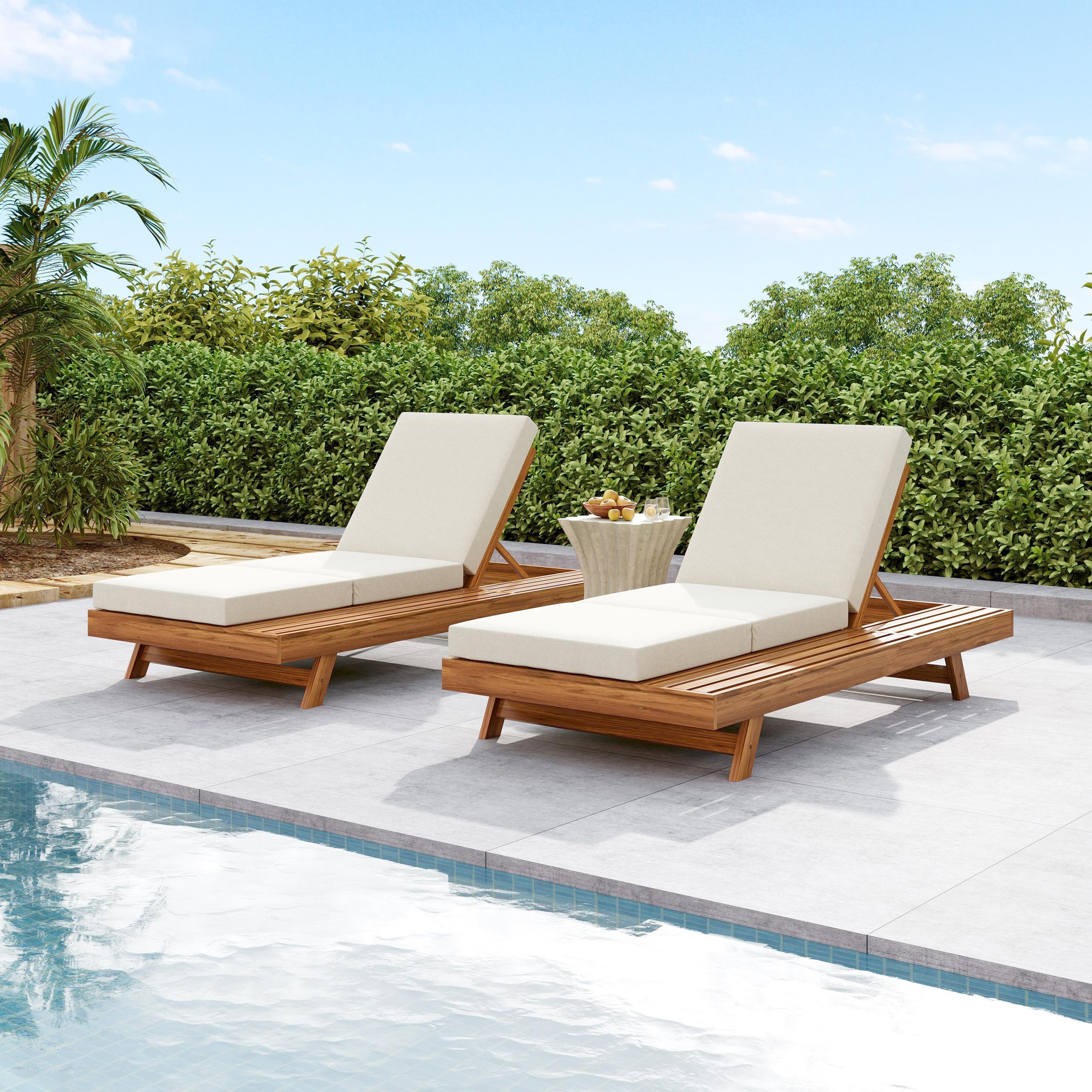 LOUNGE CHAISE SET, SPACE AVAILABLE ON ONE SIDE,ACACIA SOLID WOOD WITH LOUNGE CUSHION (CREAM & TRIPLE FOLD) - MATCHING DARK GREY VERSION AVAILABLE - Image 5