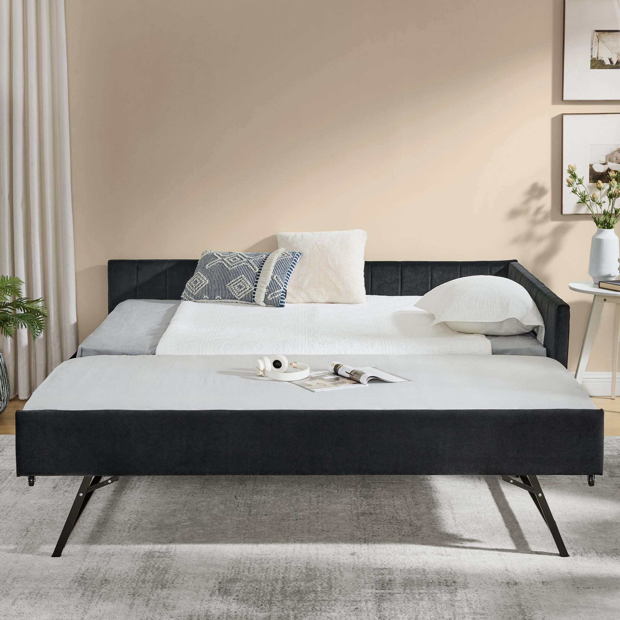 Full Size Daybed with Trundle Upholstered Tufted Sofa Bed, Sofa Bed Frame with Comfortable Backrest and Armrests, Velvet, Black(79.5''x58''x25'') - Image 2