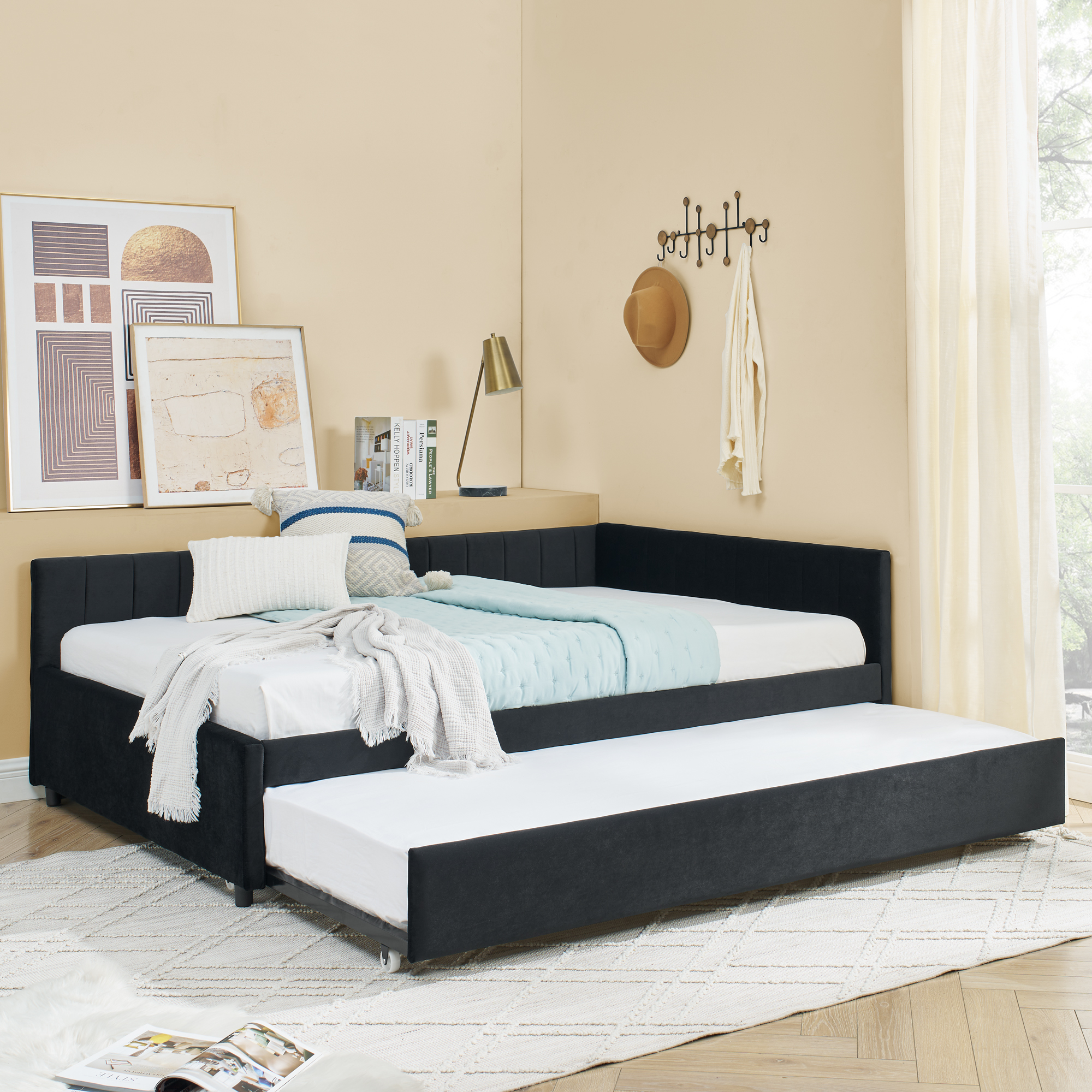 Full Size Daybed with Trundle Upholstered Tufted Sofa Bed, Sofa Bed Frame with Comfortable Backrest and Armrests, Velvet, Black(79.5''x58''x25'') - Image 3
