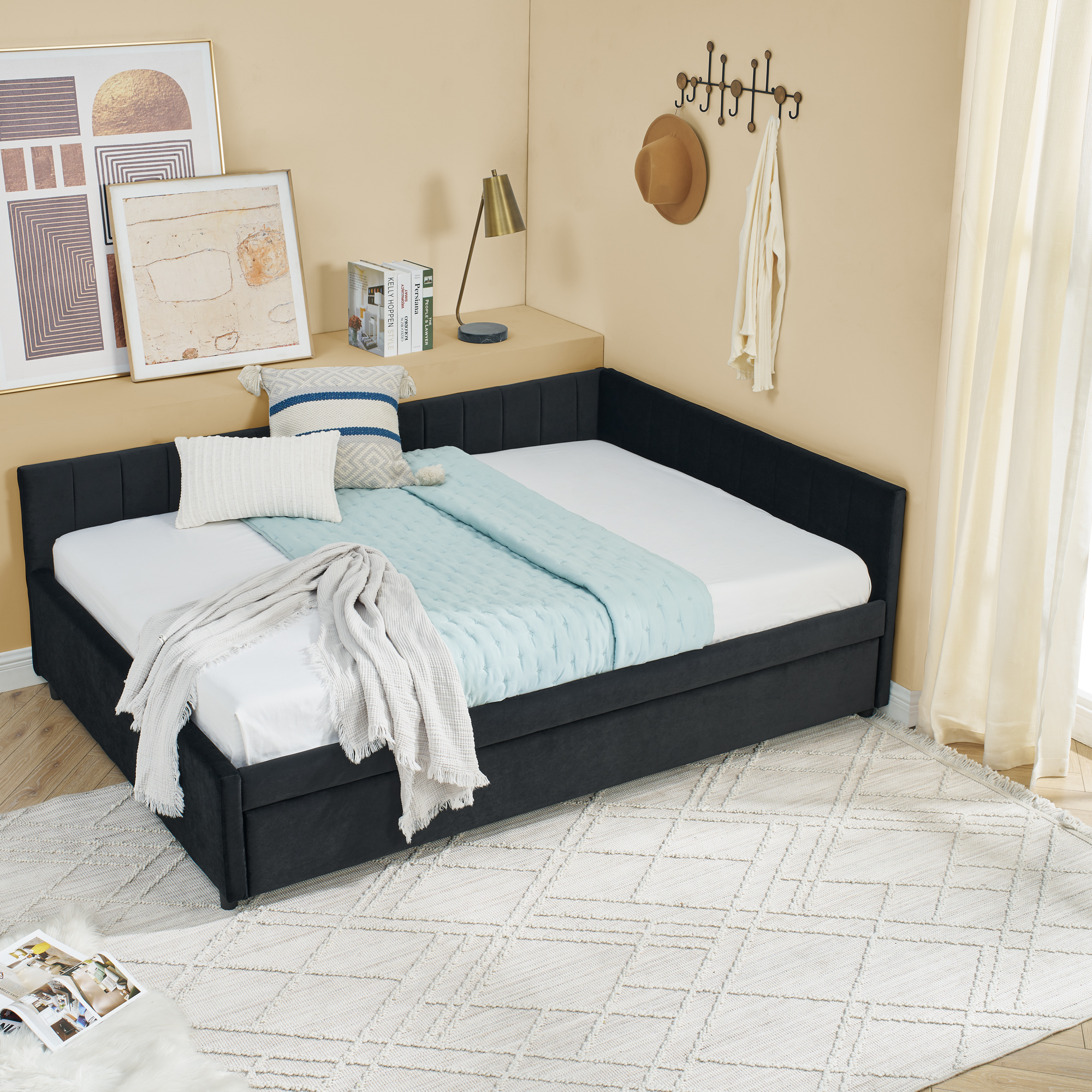 Full Size Daybed with Trundle Upholstered Tufted Sofa Bed, Sofa Bed Frame with Comfortable Backrest and Armrests, Velvet, Black(79.5''x58''x25'') - Image 4