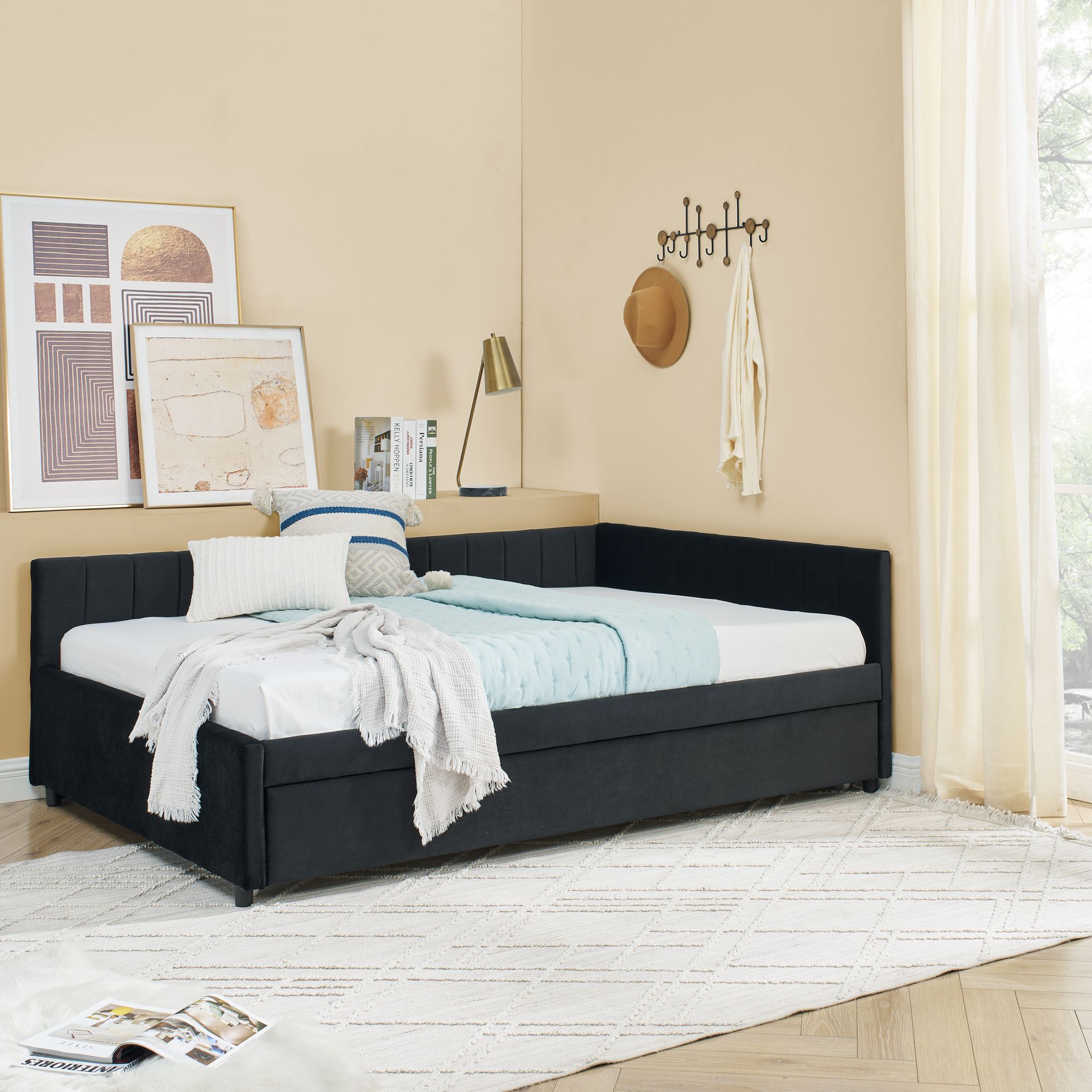 Full Size Daybed with Trundle Upholstered Tufted Sofa Bed, Sofa Bed Frame with Comfortable Backrest and Armrests, Velvet, Black(79.5''x58''x25'') - Image 5