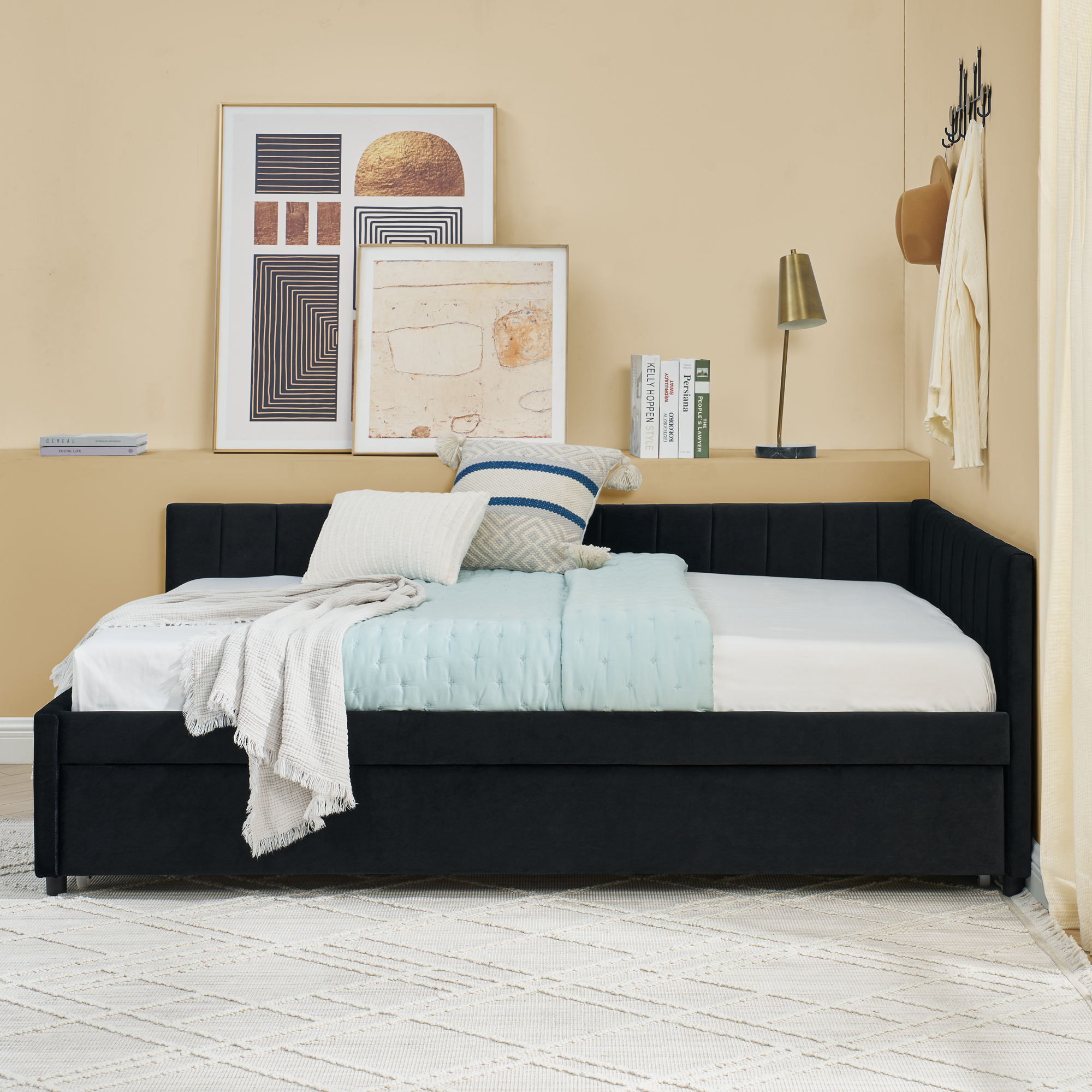 Full Size Daybed with Trundle Upholstered Tufted Sofa Bed, Sofa Bed Frame with Comfortable Backrest and Armrests, Velvet, Black(79.5''x58''x25'') - Image 6