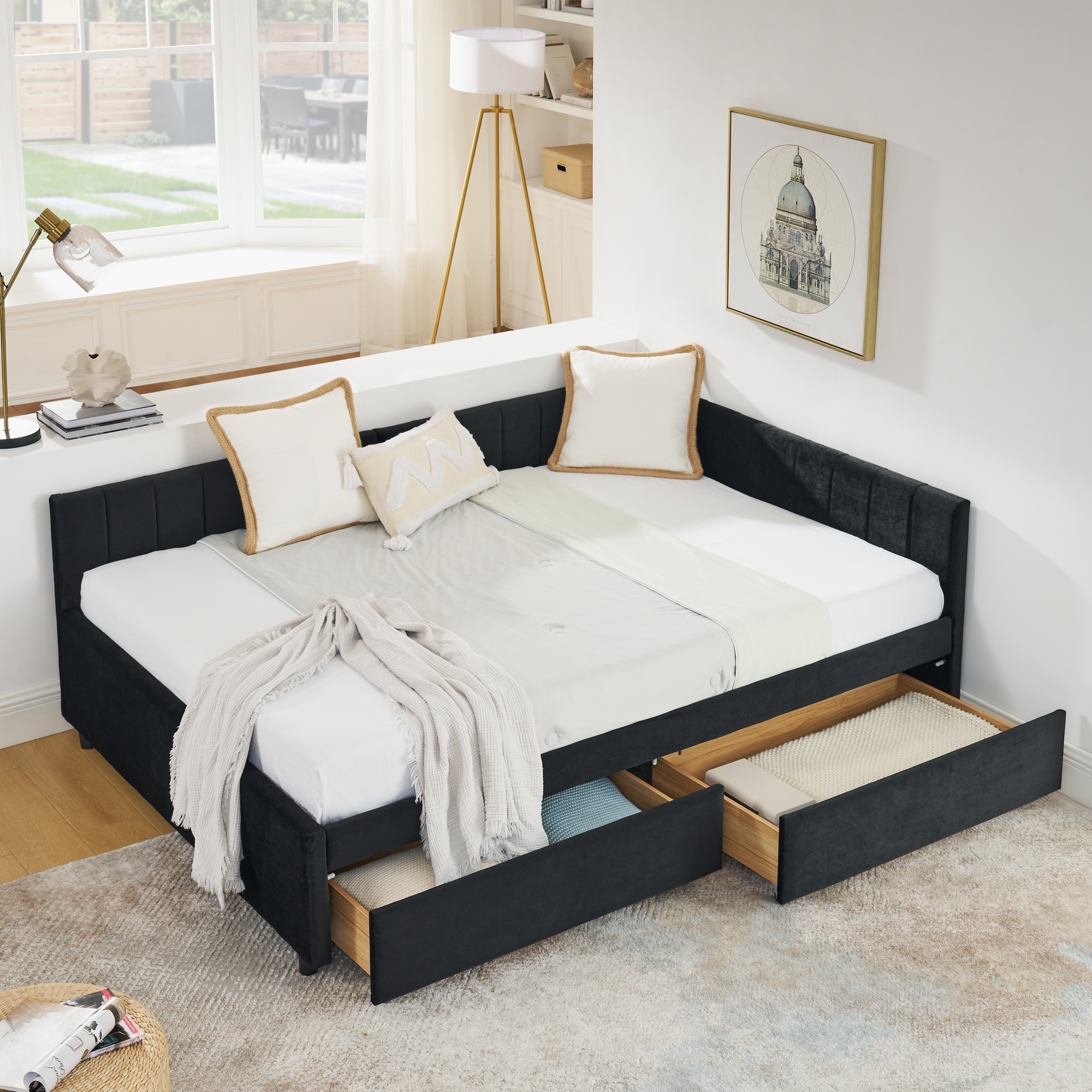 Full Size Upholstered Tufted Bed Frame with Two Drawers, Sofa Bed Frame with Comfortable Backrest and Armrests, Velvet, Black(79.5”x58”x25”)