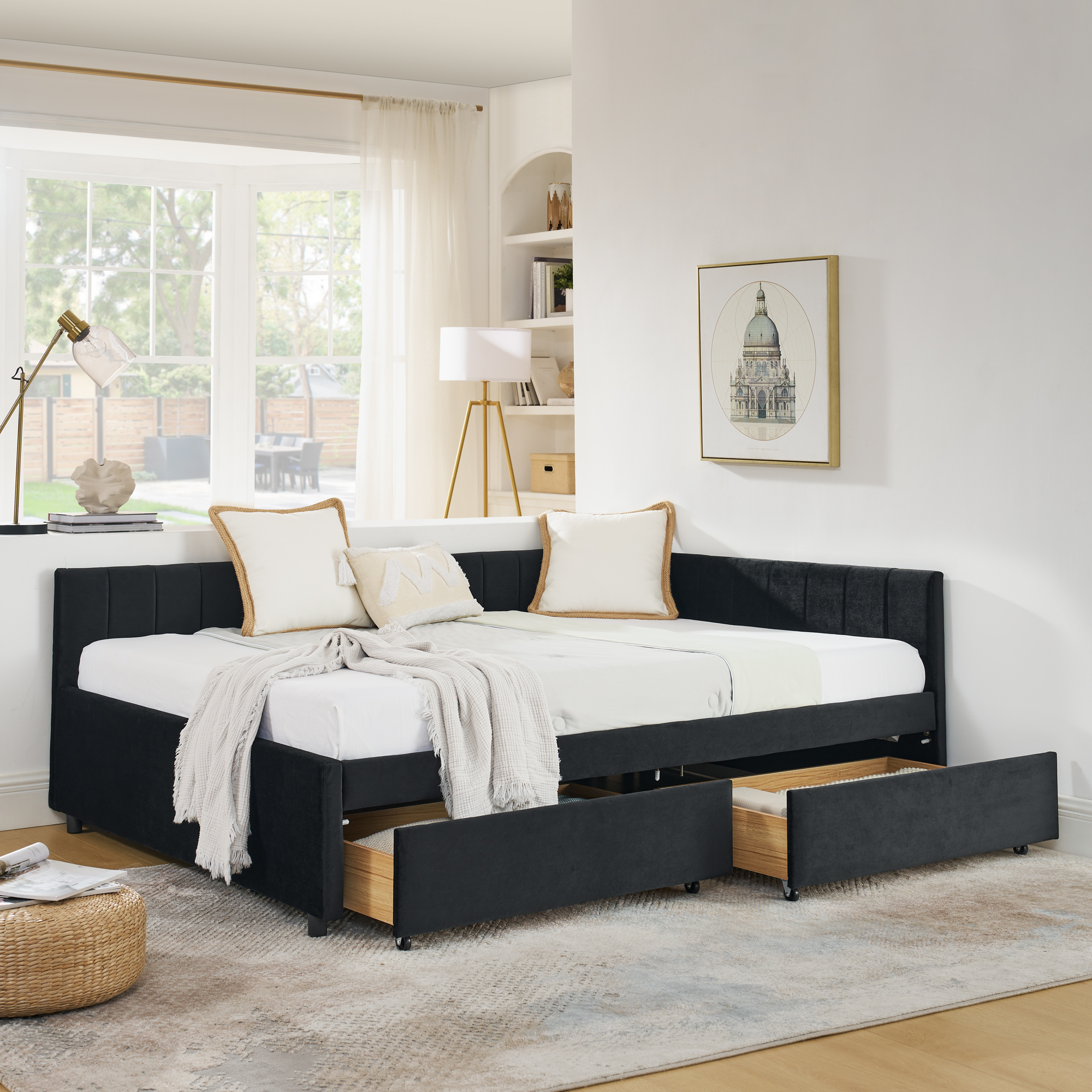 Full Size Upholstered Tufted Bed Frame with Two Drawers, Sofa Bed Frame with Comfortable Backrest and Armrests, Velvet, Black(79.5''x58''x25'') - Image 2
