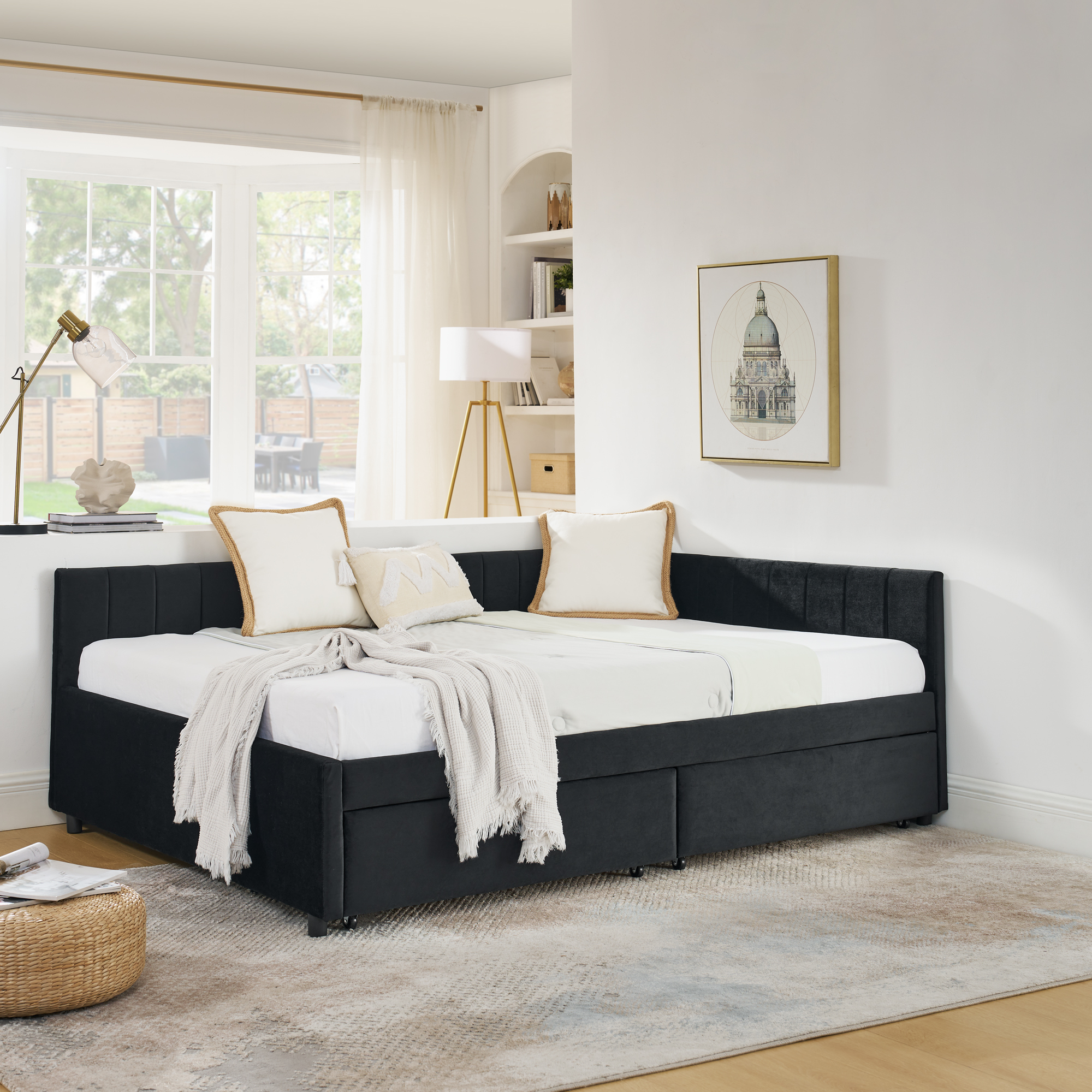 Full Size Upholstered Tufted Bed Frame with Two Drawers, Sofa Bed Frame with Comfortable Backrest and Armrests, Velvet, Black(79.5''x58''x25'') - Image 3