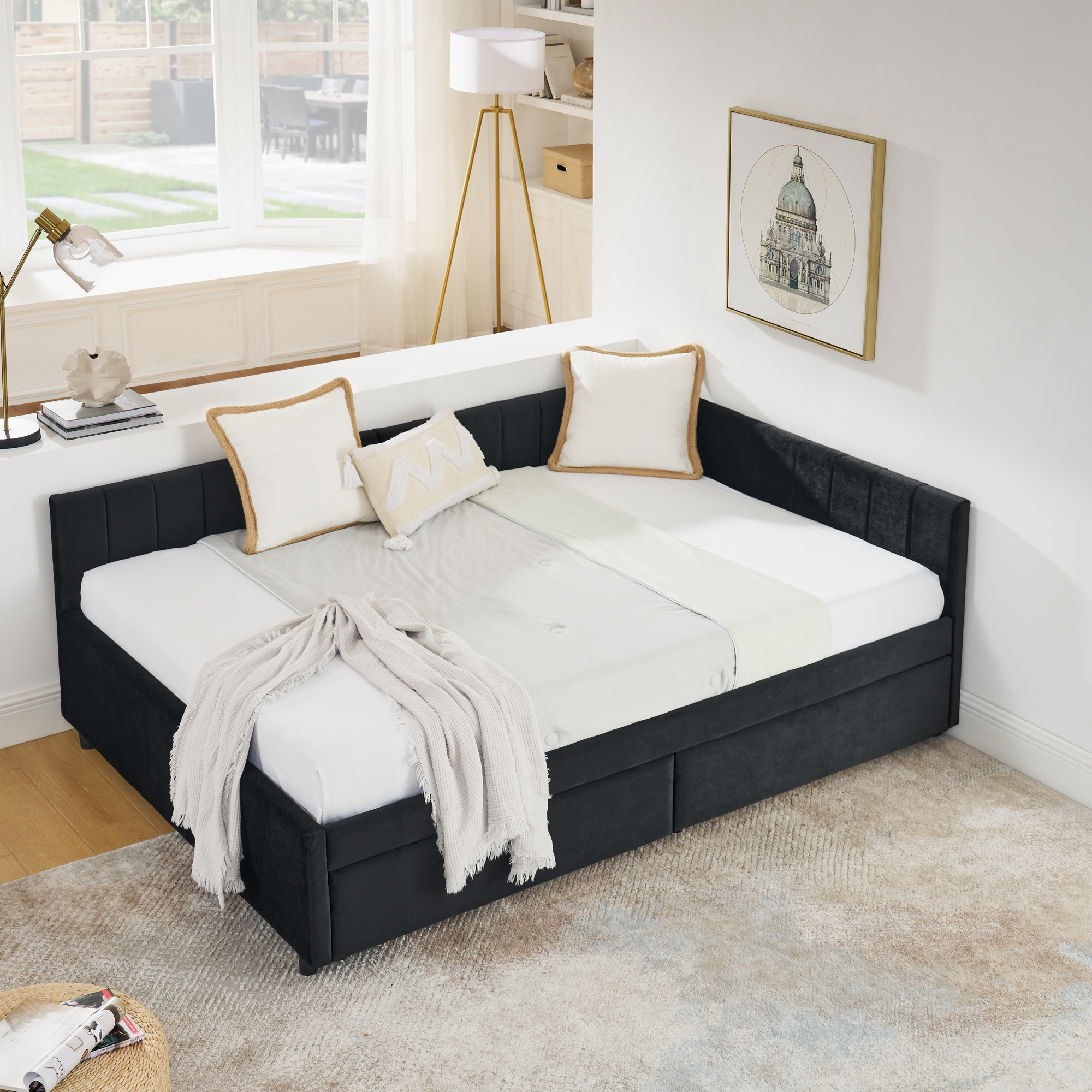 Full Size Upholstered Tufted Bed Frame with Two Drawers, Sofa Bed Frame with Comfortable Backrest and Armrests, Velvet, Black(79.5''x58''x25'') - Image 4