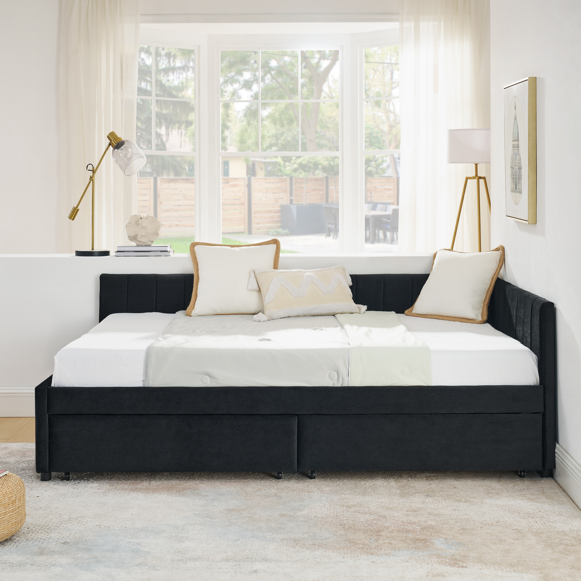 Full Size Upholstered Tufted Bed Frame with Two Drawers, Sofa Bed Frame with Comfortable Backrest and Armrests, Velvet, Black(79.5''x58''x25'') - Image 5