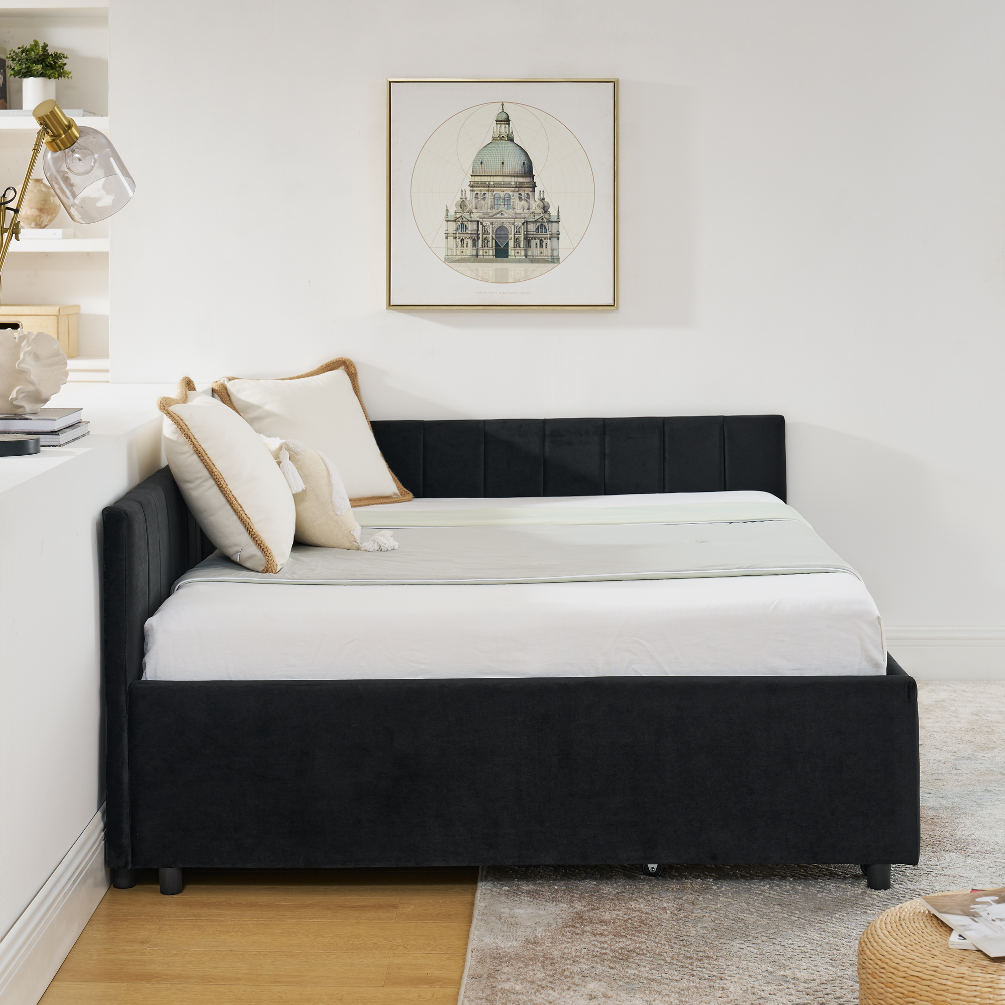 Full Size Upholstered Tufted Bed Frame with Two Drawers, Sofa Bed Frame with Comfortable Backrest and Armrests, Velvet, Black(79.5''x58''x25'') - Image 6