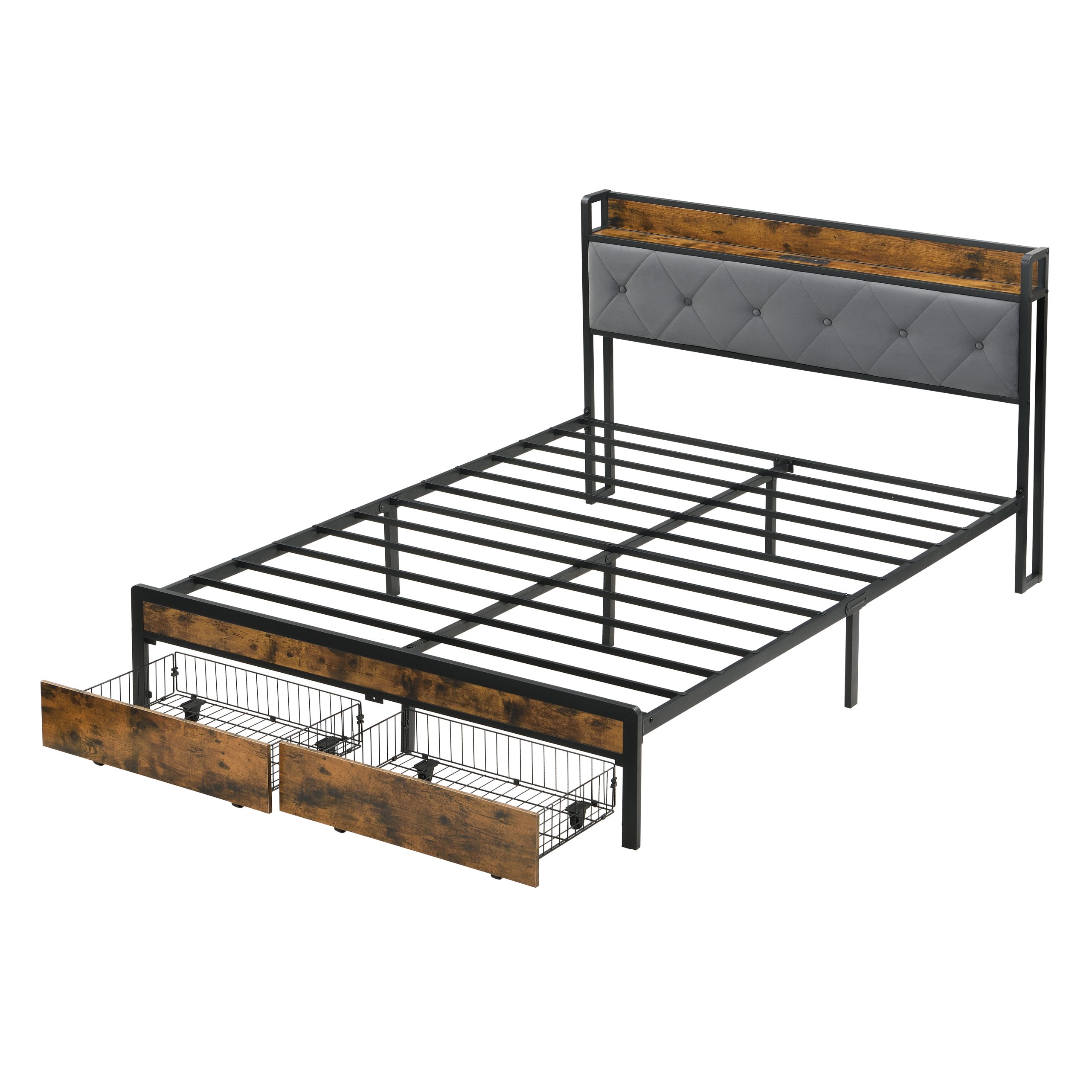 King Bed Frame with Storage, Bed Frame with LED Lights Upholstered Headboard and 2 Drawers, USB & Charging Station, No Box Spring Needed, Easy Assembly, Grey KING - Image 5