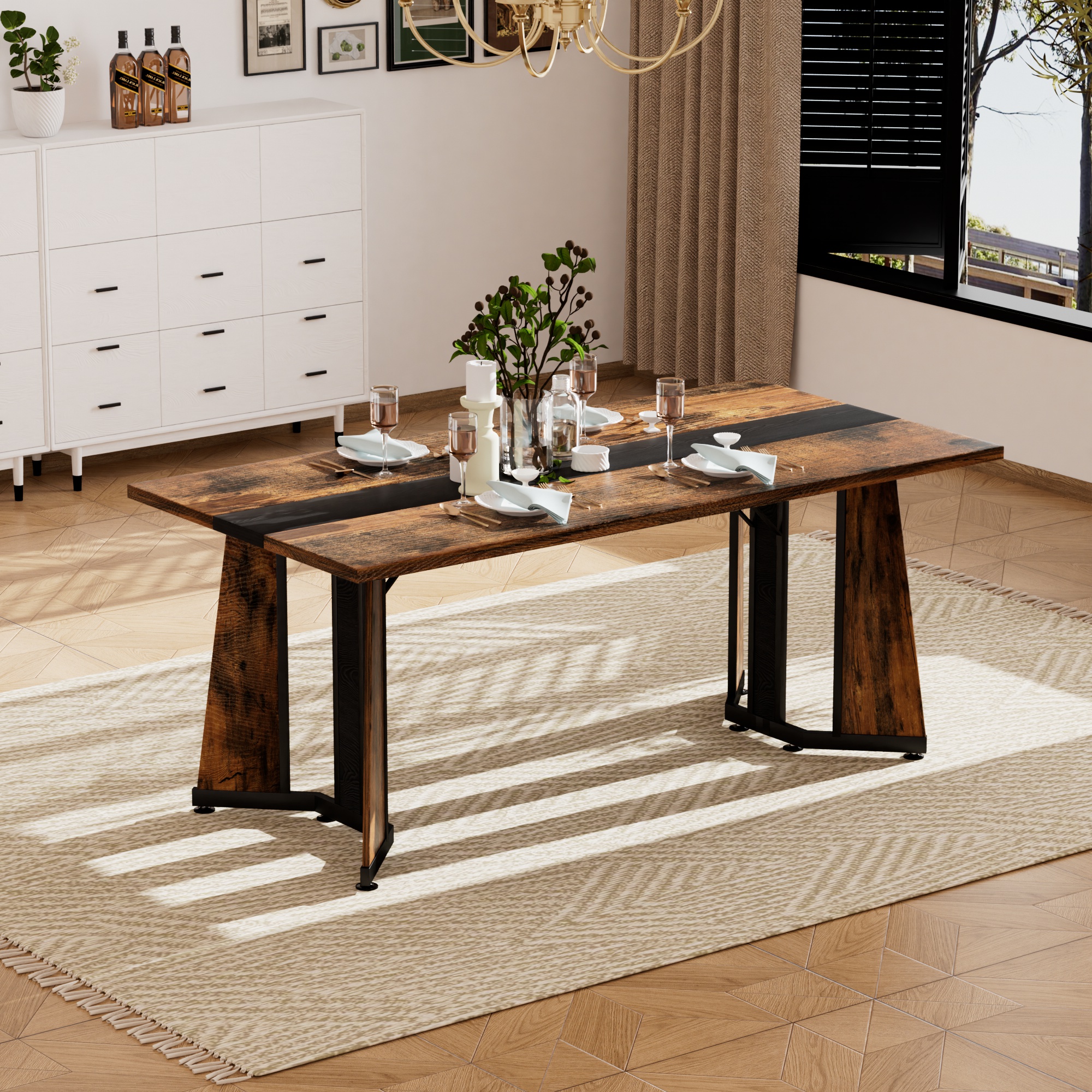 70.9"Rectangular Large Dining Table, Waterproof Large Desk for 8 People, Deluxe Family Dining Table with Adjustable Legs for Kitchen,Living Room,Office, Rustic Brown,70.9''W x 35.4''D x 30.3''H - Image 2