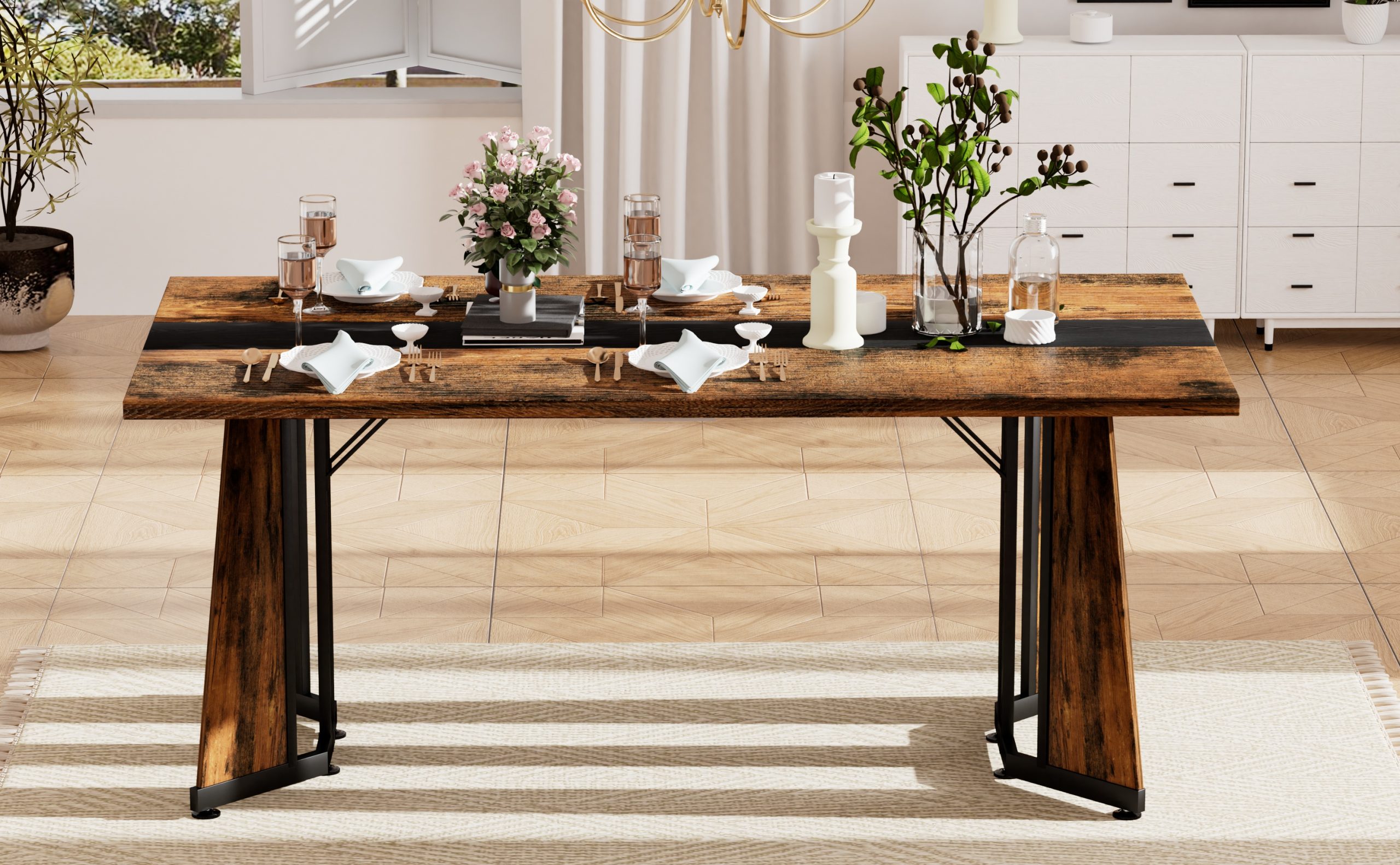 70.9"Rectangular Large Dining Table, Waterproof Large Desk for 8 People, Deluxe Family Dining Table with Adjustable Legs for Kitchen,Living Room,Office, Rustic Brown,70.9''W x 35.4''D x 30.3''H - Image 6