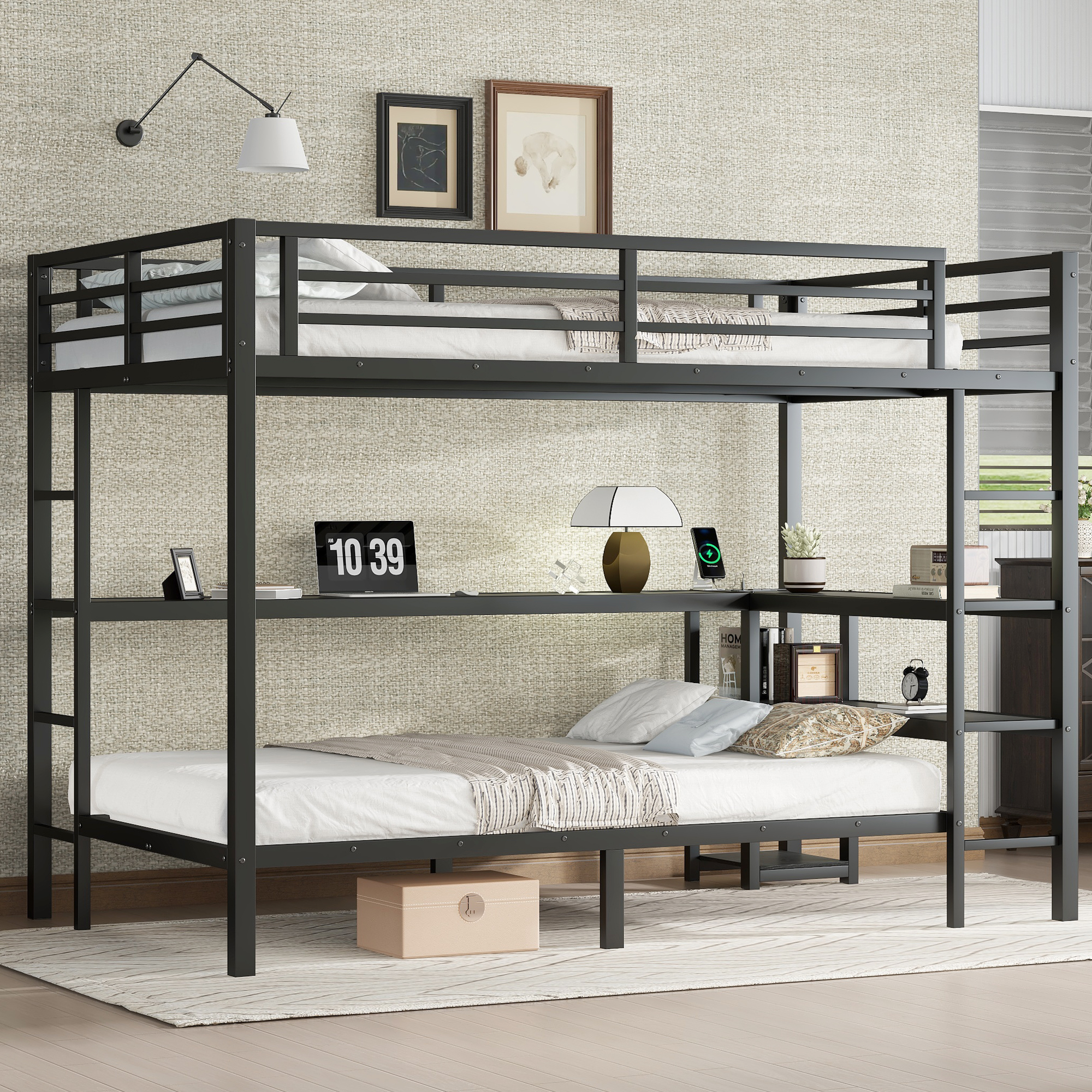 FULL Over Twin Bunk Bed with Desk and Shelves, Multiple Placement, with LED and USB, Black - Image 2