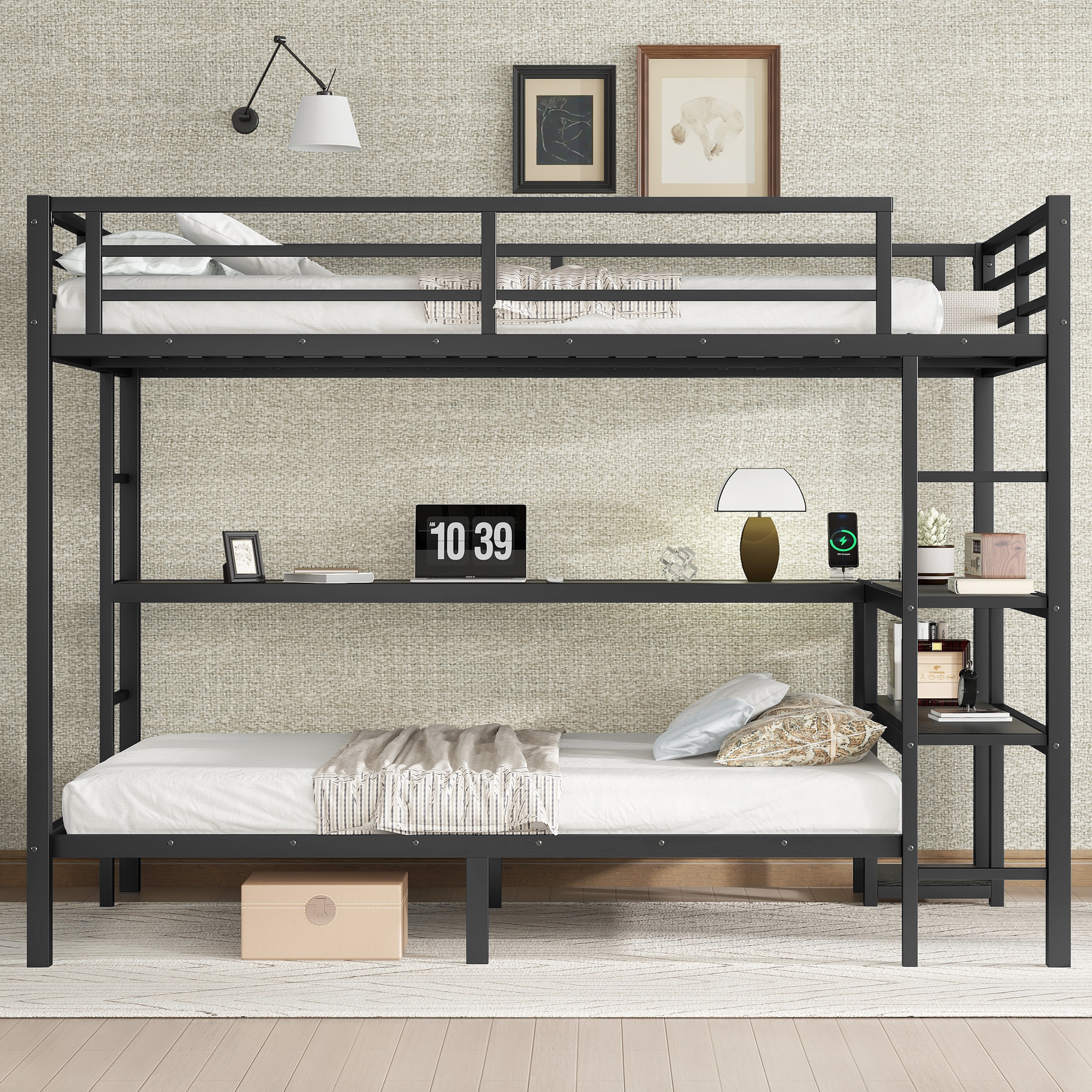 FULL Over Twin Bunk Bed with Desk and Shelves, Multiple Placement, with LED and USB, Black - Image 3