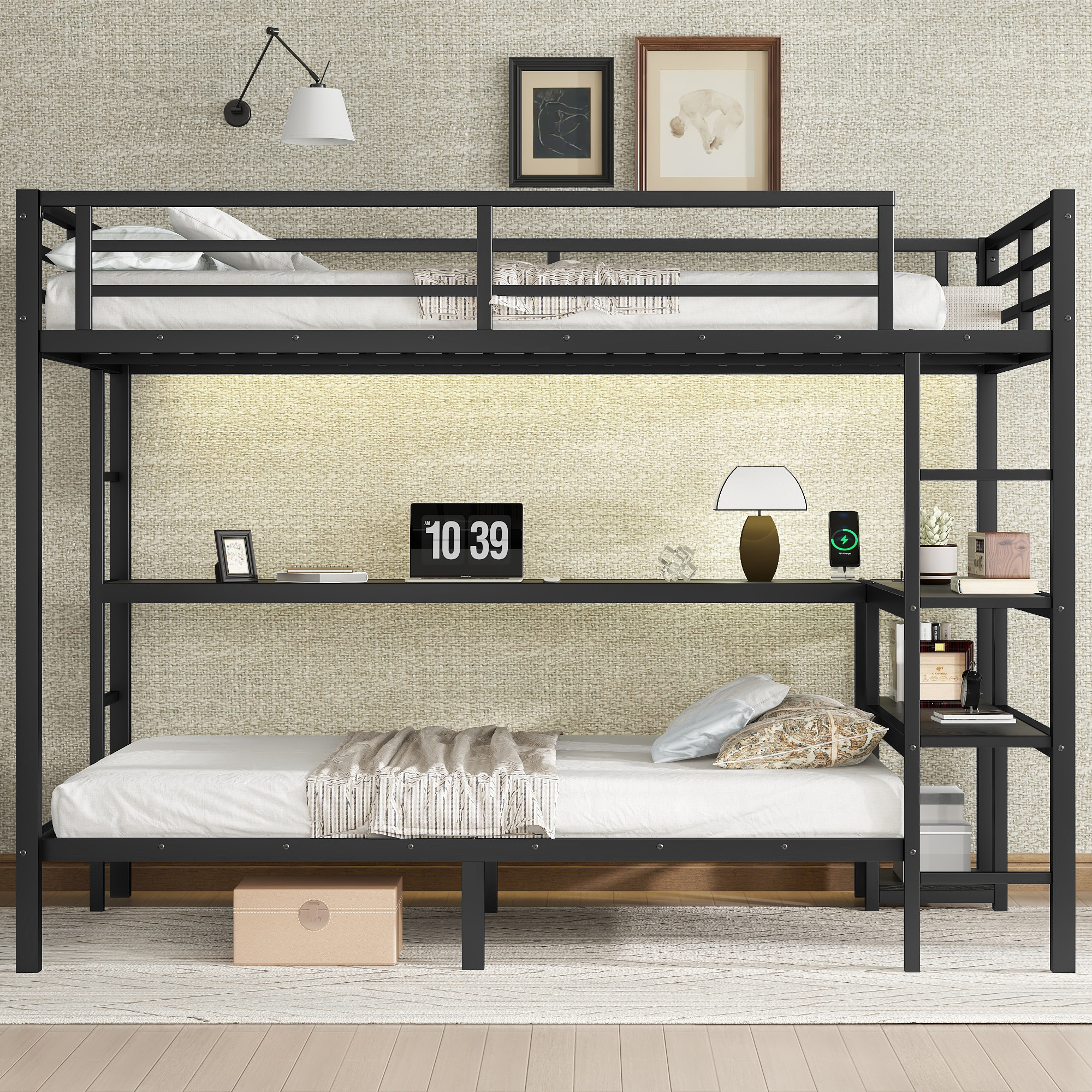 FULL Over Twin Bunk Bed with Desk and Shelves, Multiple Placement, with LED and USB, Black - Image 4