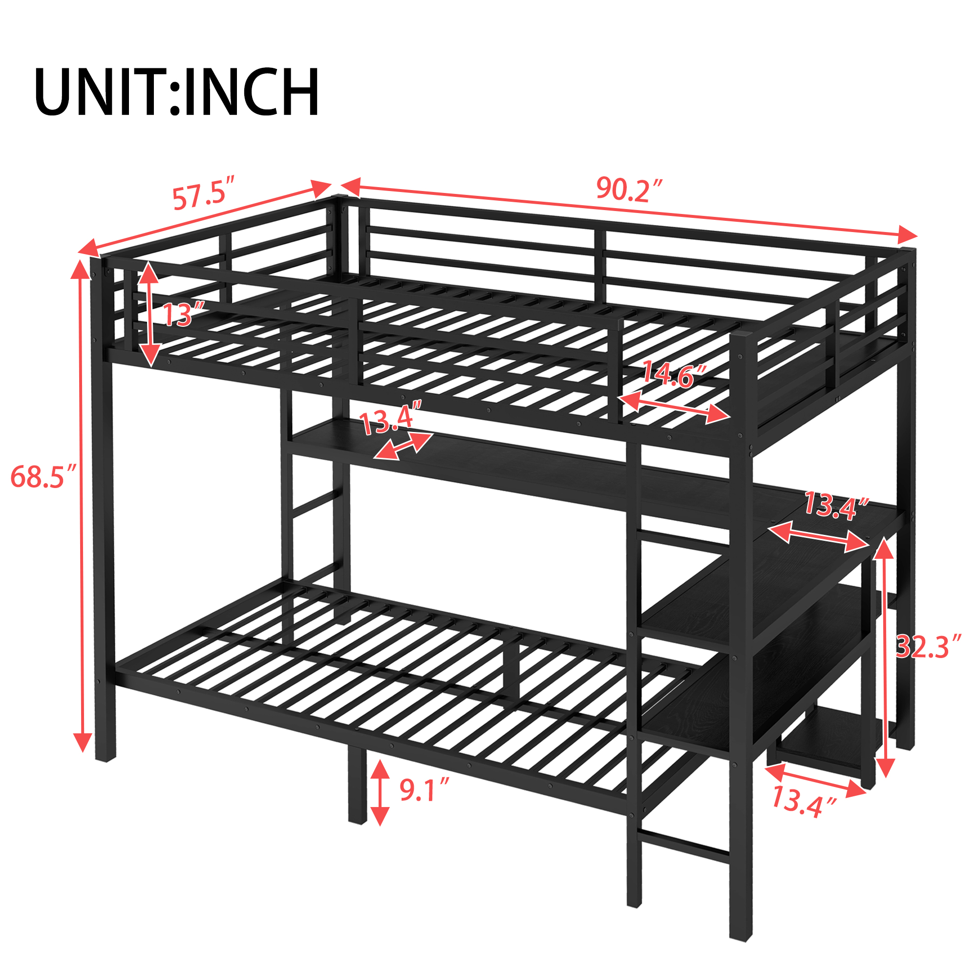 FULL Over Twin Bunk Bed with Desk and Shelves, Multiple Placement, with LED and USB, Black - Image 5