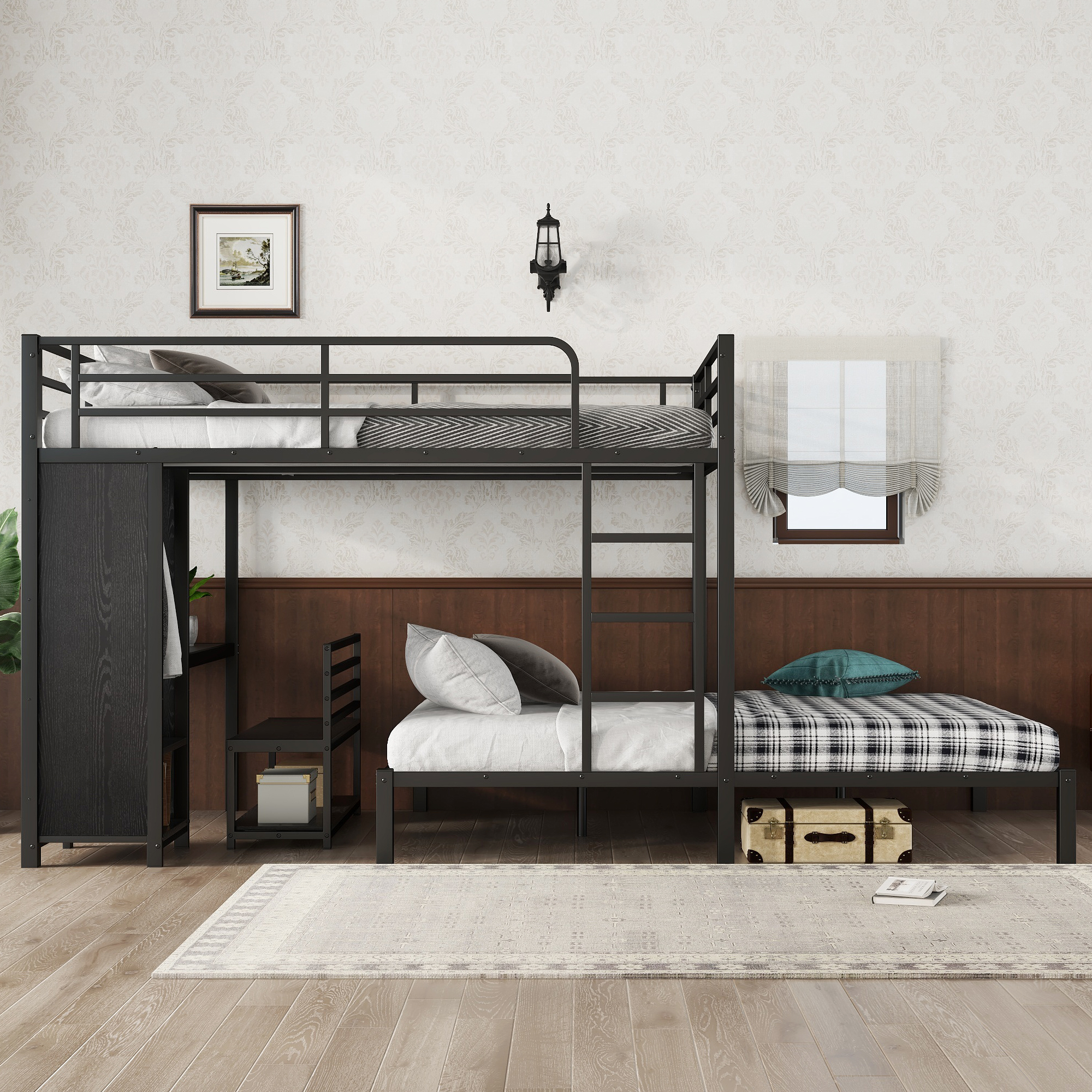 Queen over Queen Size Bunk Bed Frame with Built-in Wardrobe, Metal Bunk Bed with Desk and Storage Chairs, Black - Image 2