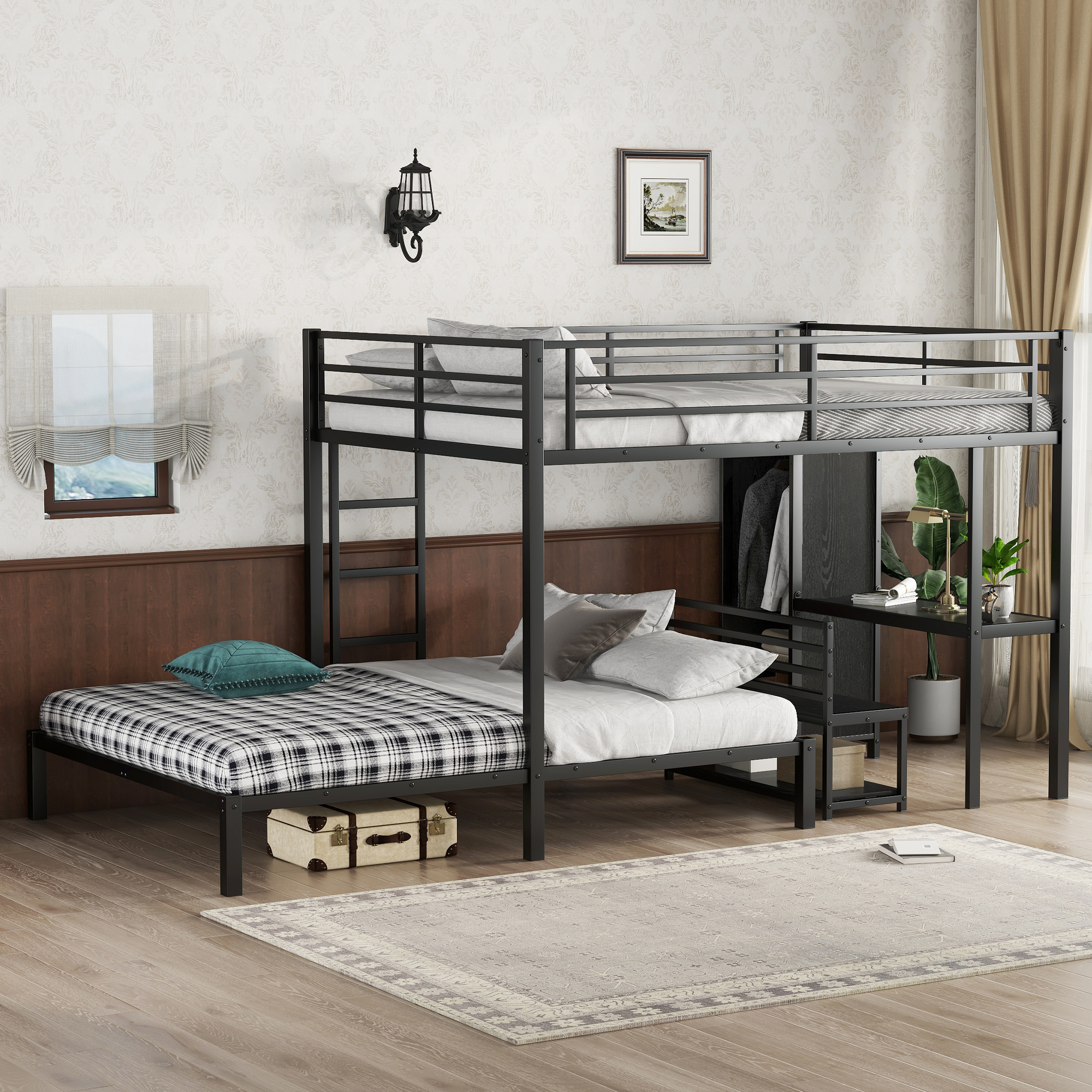 Queen over Queen Size Bunk Bed Frame with Built-in Wardrobe, Metal Bunk Bed with Desk and Storage Chairs, Black - Image 3