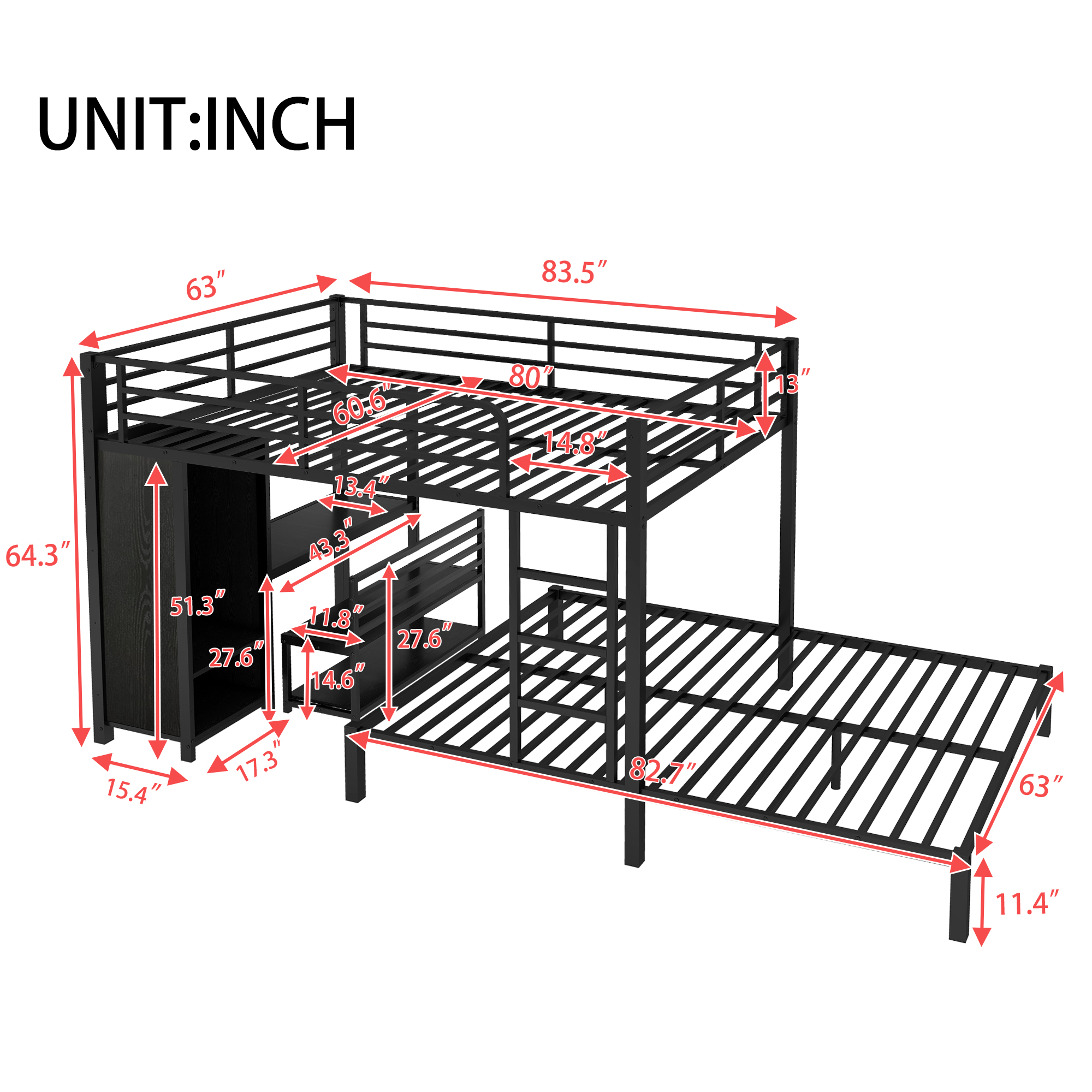 Queen over Queen Size Bunk Bed Frame with Built-in Wardrobe, Metal Bunk Bed with Desk and Storage Chairs, Black - Image 4