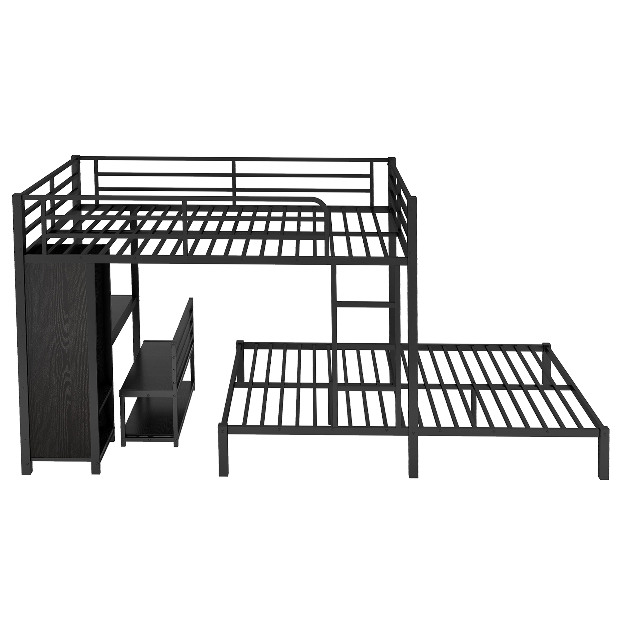 Queen over Queen Size Bunk Bed Frame with Built-in Wardrobe, Metal Bunk Bed with Desk and Storage Chairs, Black - Image 5