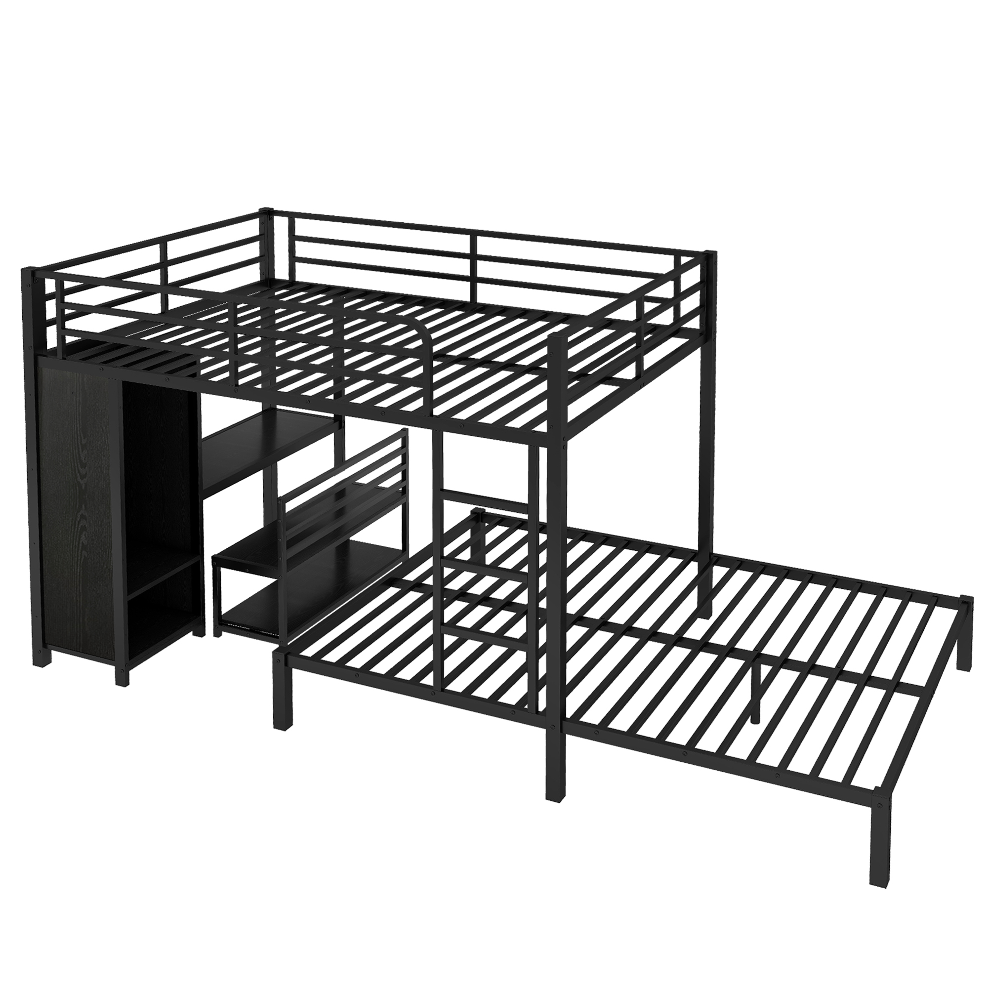 Queen over Queen Size Bunk Bed Frame with Built-in Wardrobe, Metal Bunk Bed with Desk and Storage Chairs, Black - Image 6