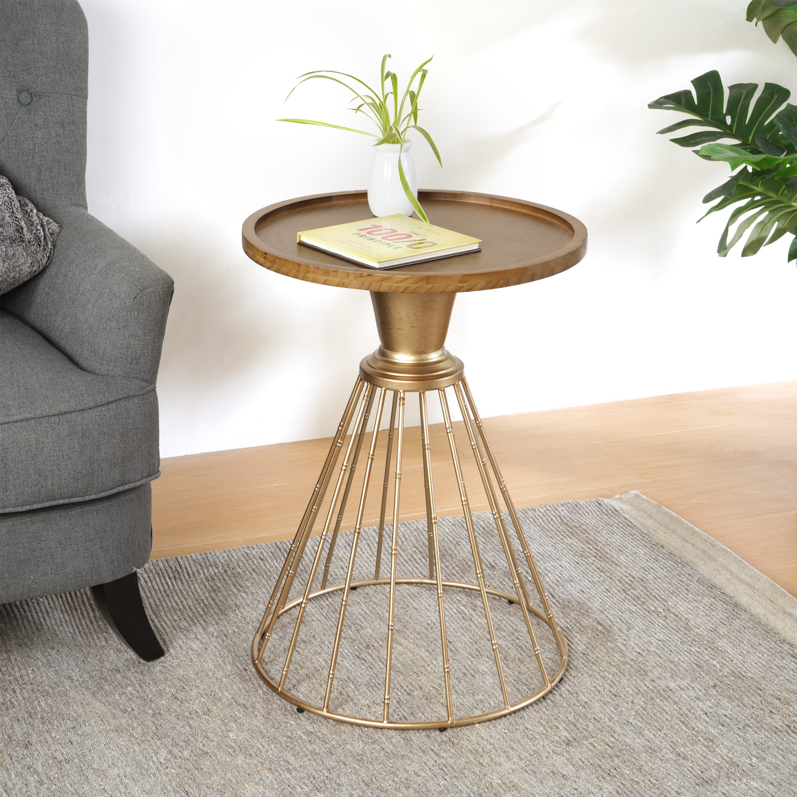 HOLLOW EDGE RETRO ART PINE SIDE TABLE, ANTIQUE GOLD + NATURAL COLOR - Image 2