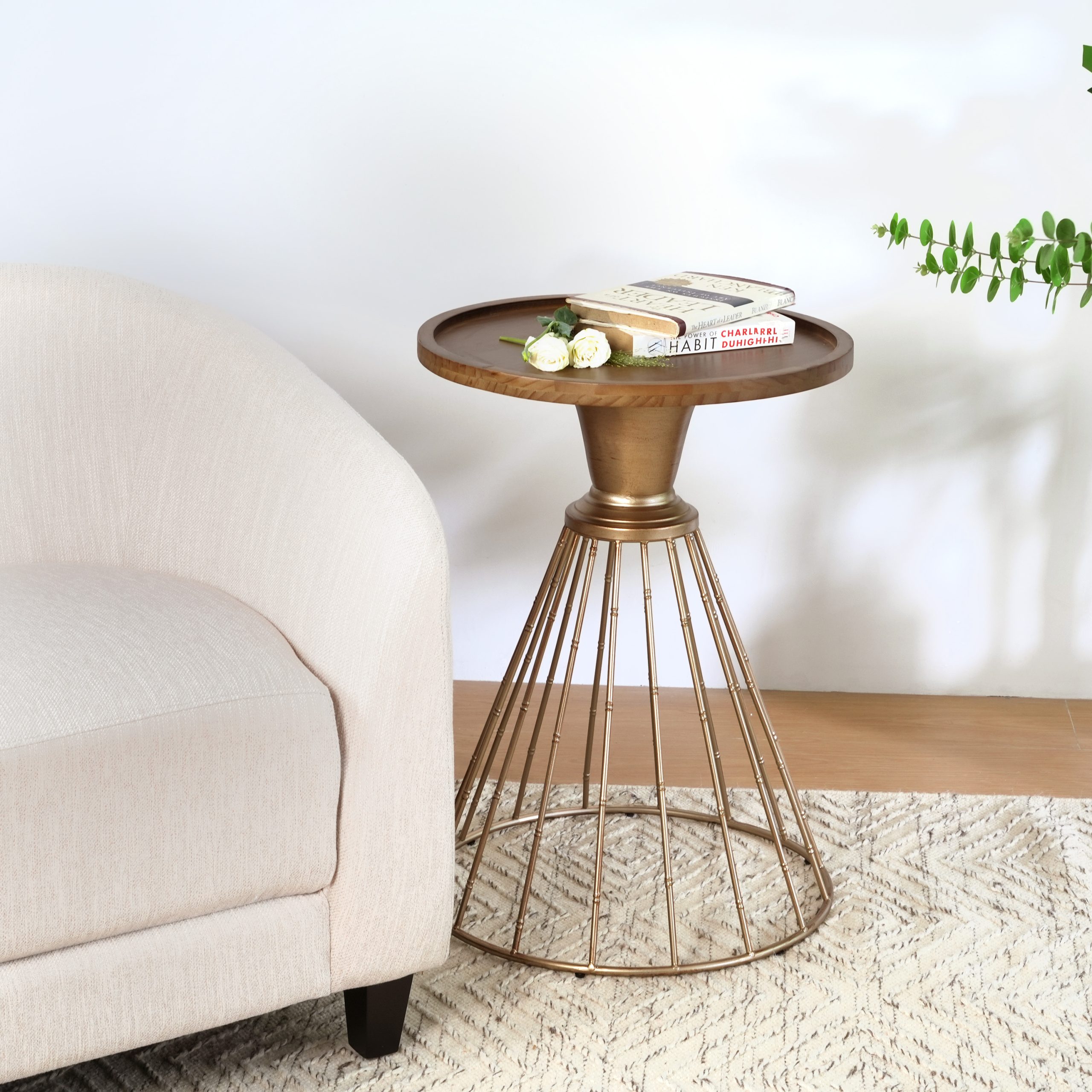 HOLLOW EDGE RETRO ART PINE SIDE TABLE, ANTIQUE GOLD + NATURAL COLOR - Image 3