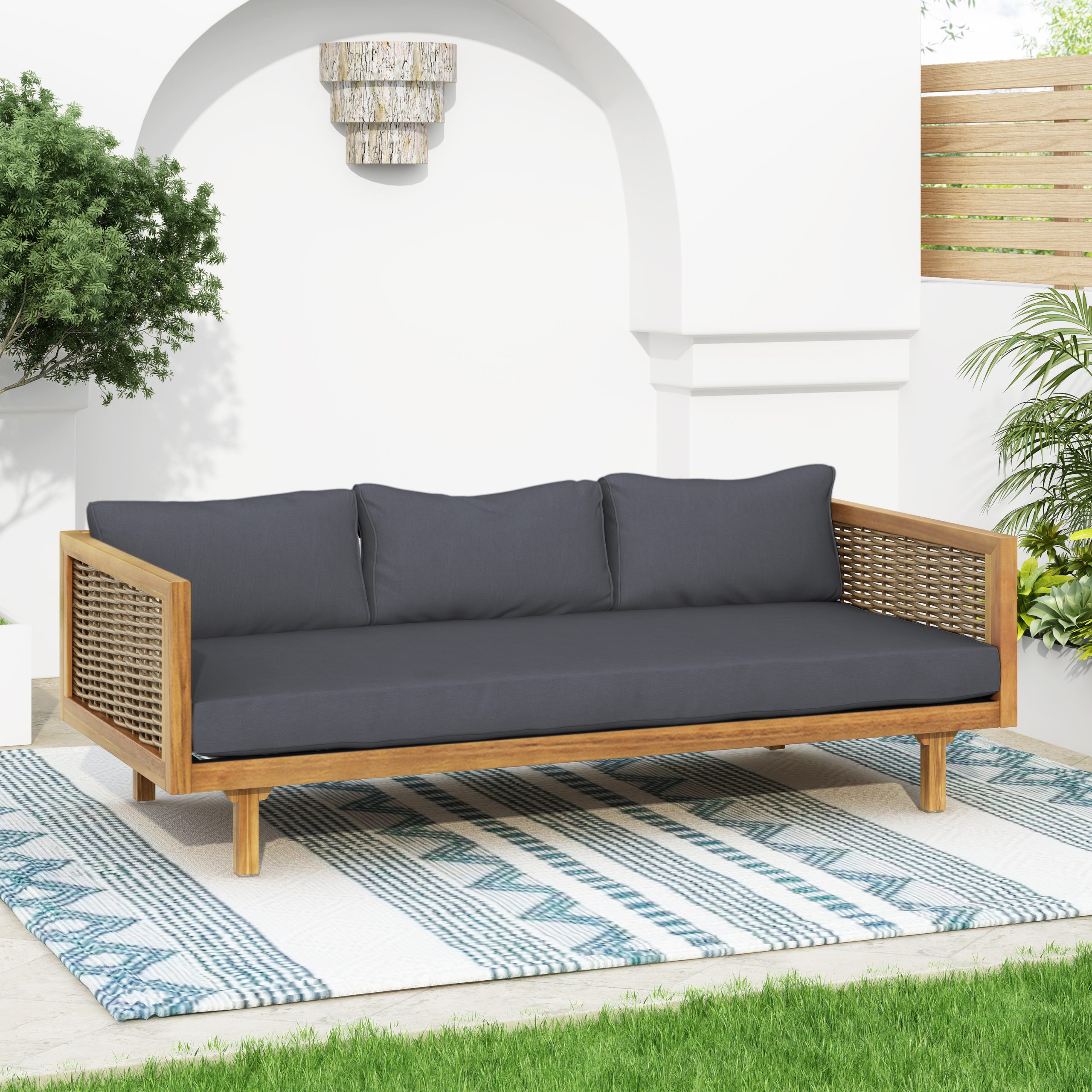 CLAREMONT 3 SEATER DAYBED WITH RATTAN ARMS (DARK GREY CUSHION) - Image 2