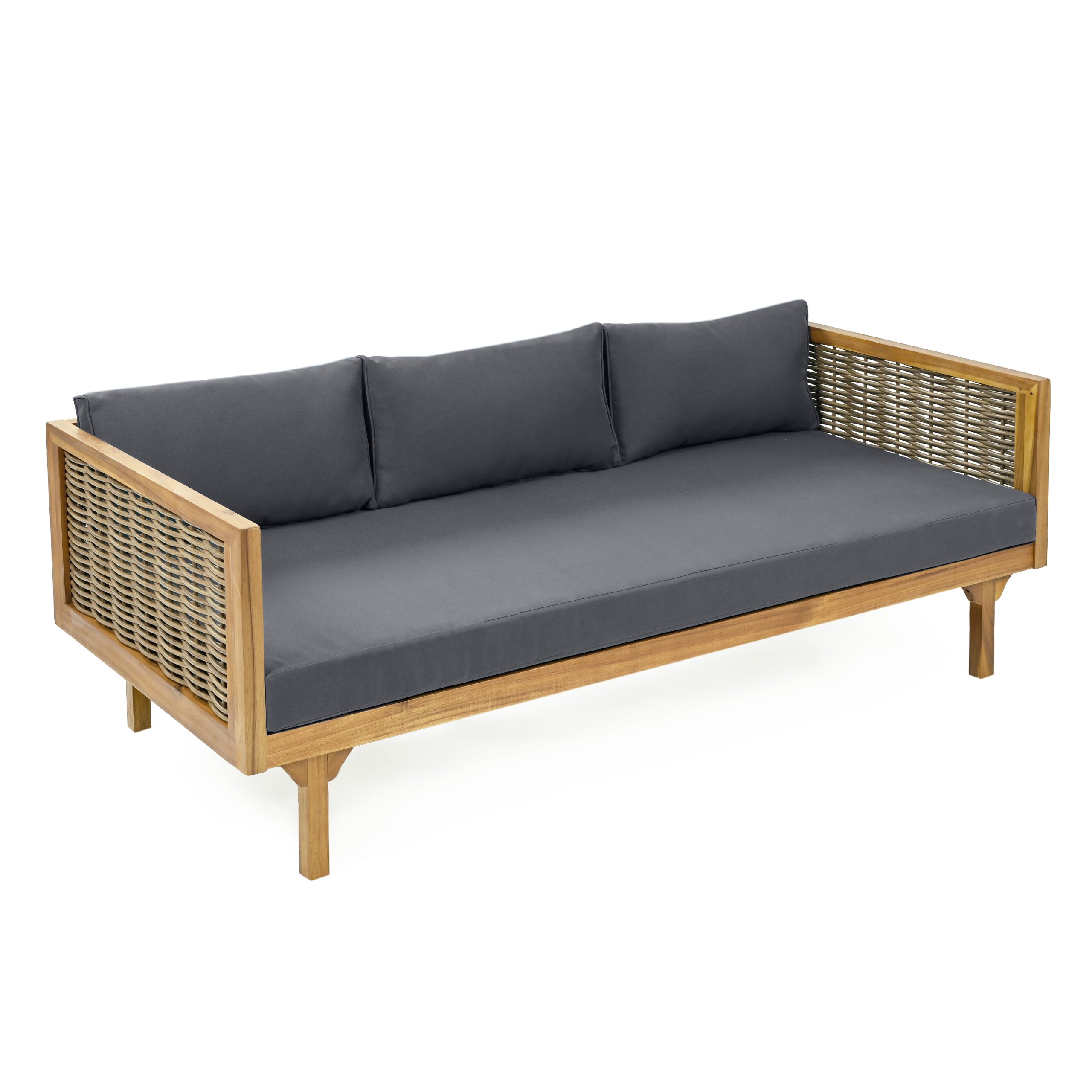 CLAREMONT 3 SEATER DAYBED WITH RATTAN ARMS (DARK GREY CUSHION) - Image 4