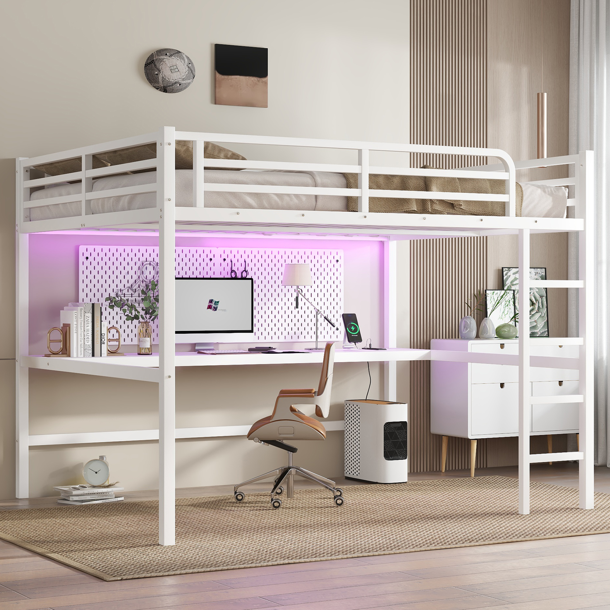 Metal Queen Size Loft Bed with Power Outlet and LED Lighted, Space-Saving, Noise Reduced, White - Image 2