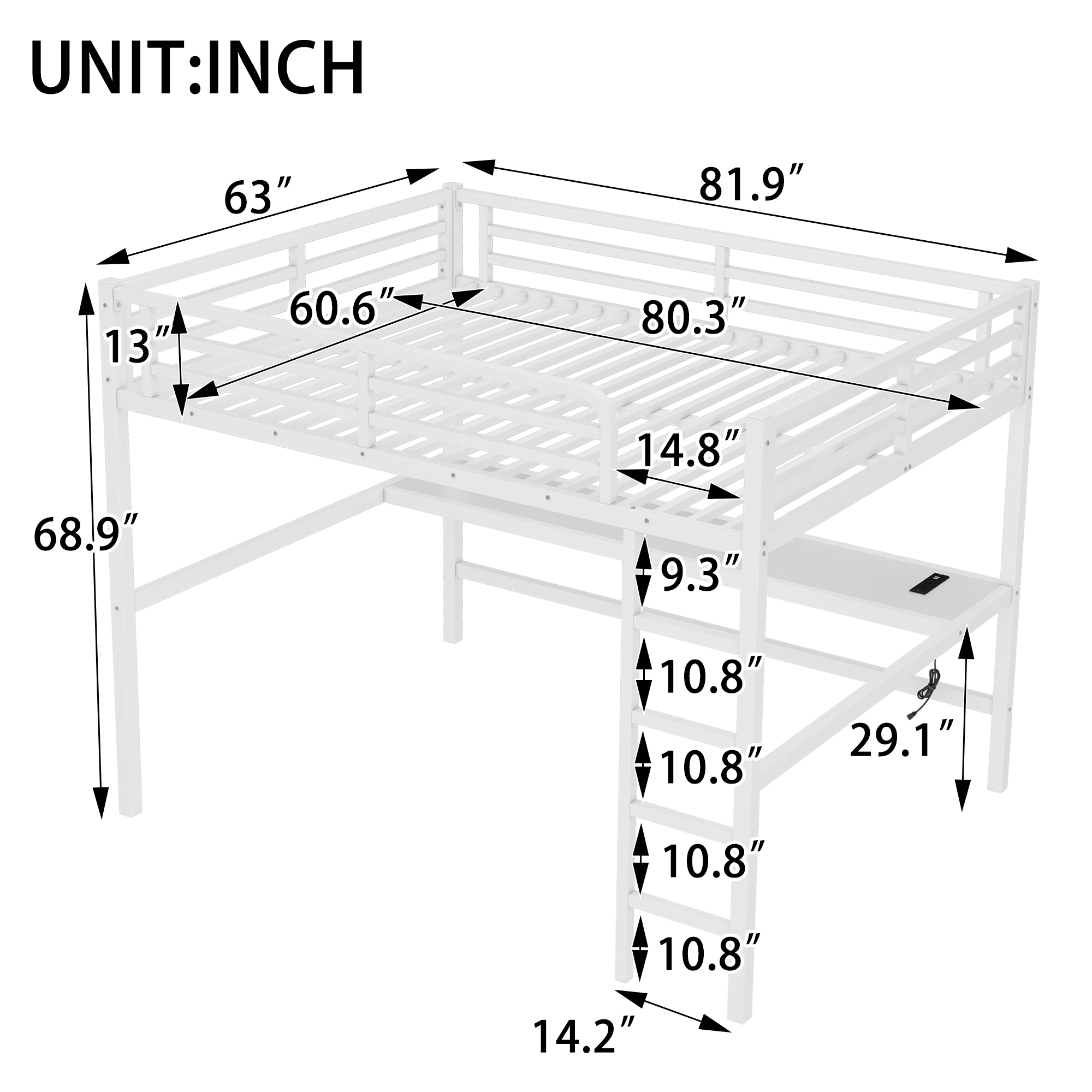 Metal Queen Size Loft Bed with Power Outlet and LED Lighted, Space-Saving, Noise Reduced, White - Image 3