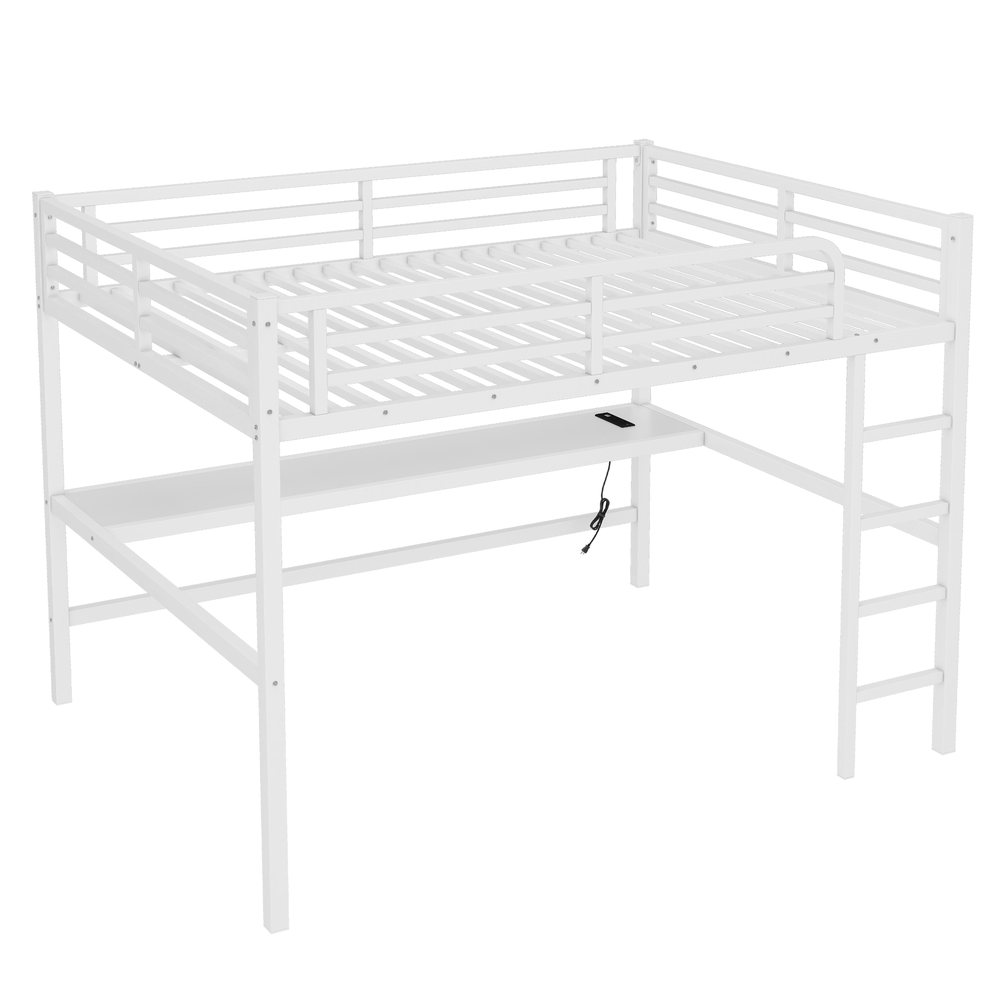 Metal Queen Size Loft Bed with Power Outlet and LED Lighted, Space-Saving, Noise Reduced, White - Image 5