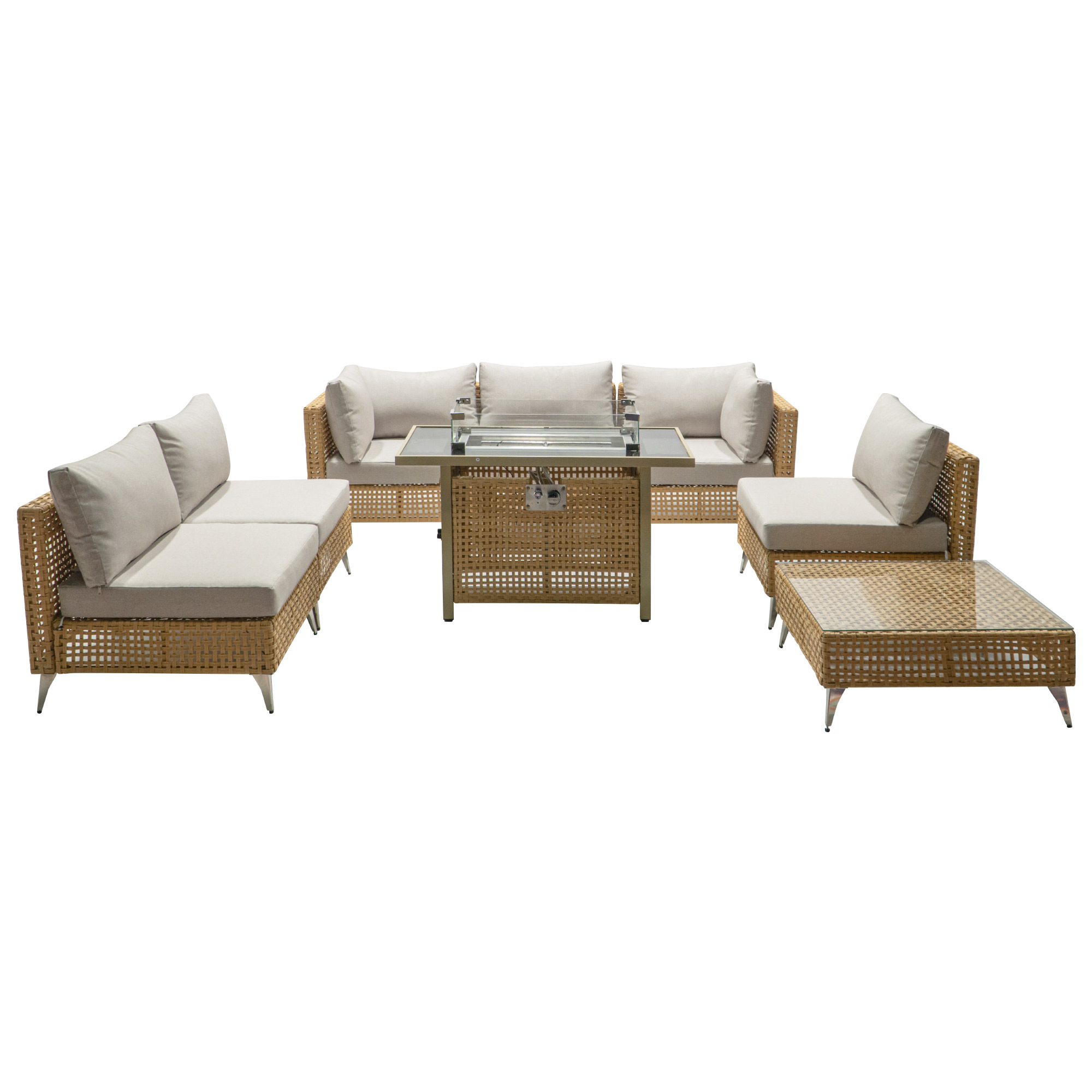 K&K patio 8-Piece Patio Furniture Set with 43" Fire Pit Table, Outdoor Conversation Set & 60,000 BTU 43 Inch Rectangle Propane Fire Pit with Water Resistant Beige Thick Cushions, Beige - Image 5
