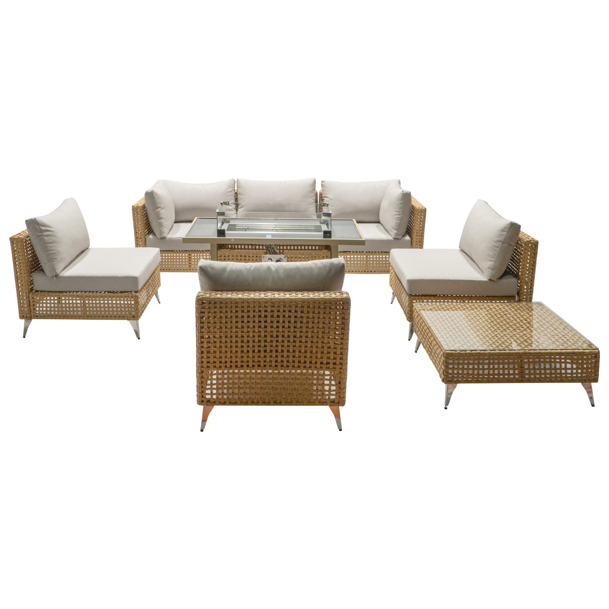 K&K patio 8-Piece Patio Furniture Set with 43" Fire Pit Table, Outdoor Conversation Set & 60,000 BTU 43 Inch Rectangle Propane Fire Pit with Water Resistant Beige Thick Cushions, Beige - Image 6