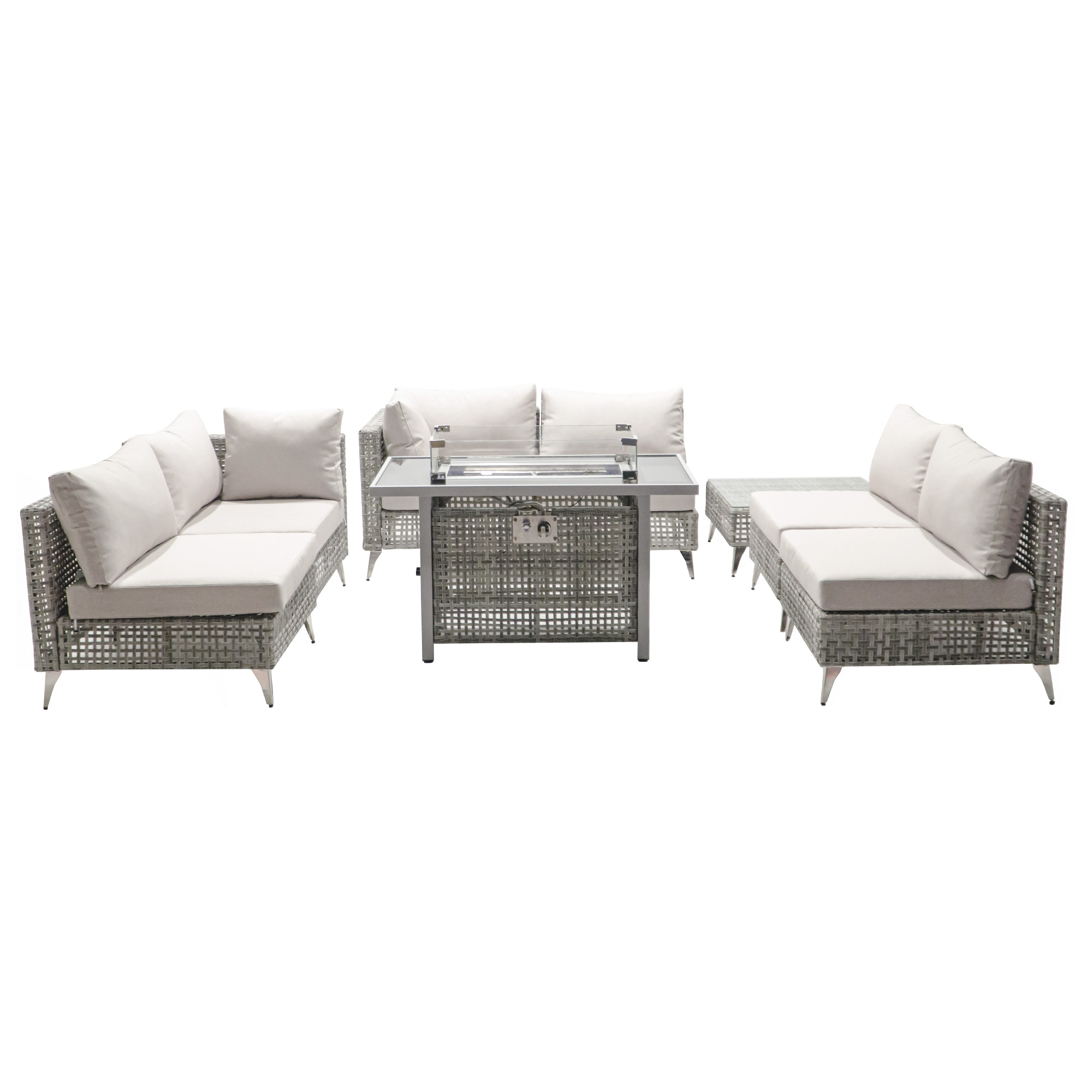 K&K patio 8-Piece Patio Furniture Set with 43" Fire Pit Table, Outdoor Conversation Set & 60,000 BTU 43 Inch Rectangle Propane Fire Pit with Water Resistant Grey Thick Cushions, Grey - Image 5