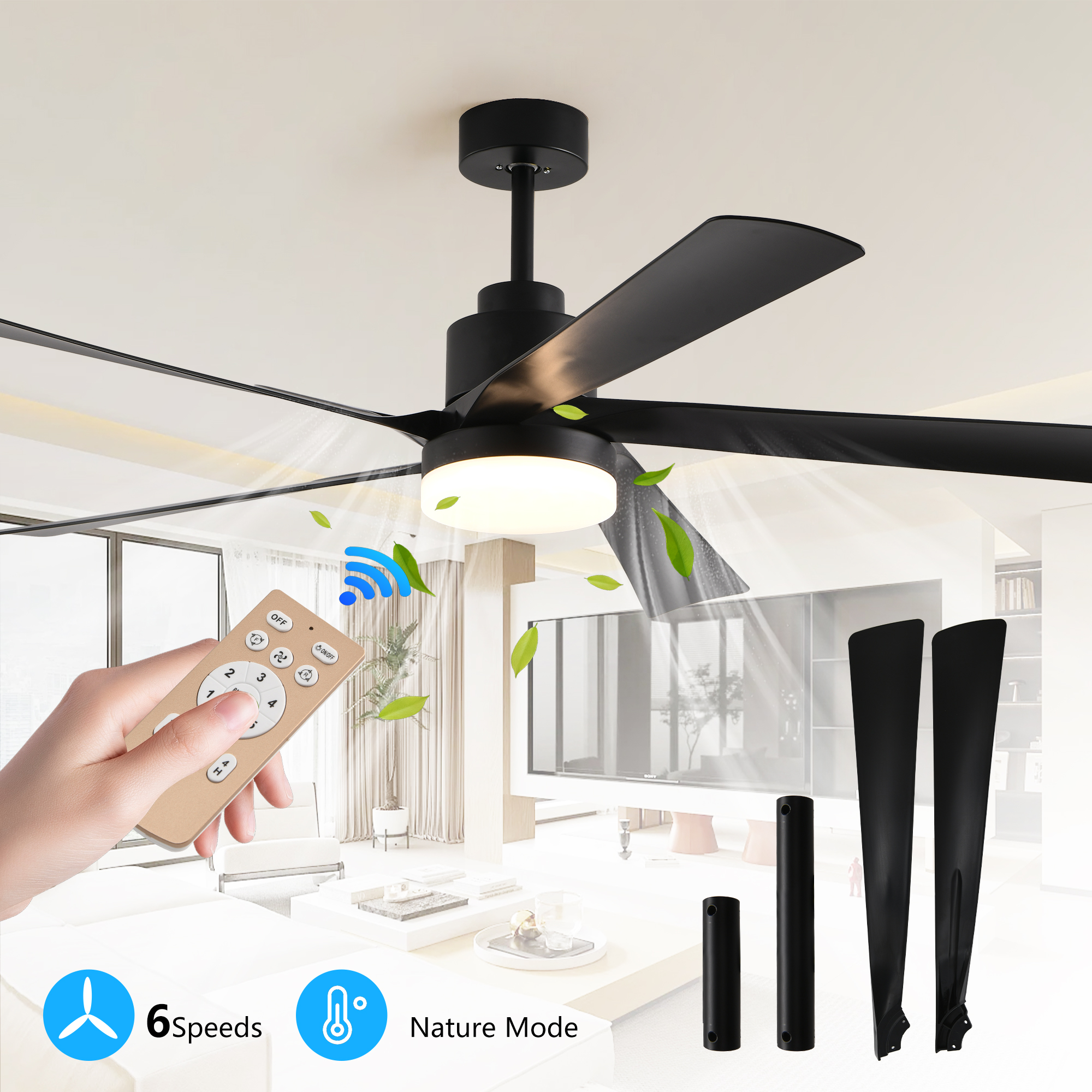 65 Inch Black Ceiling Fan with Light, 5-Blade Dimmable LED Ceiling Fan with Remote Control, Modern Quiet Design for Living Room and Bedroom (Silent/6-Speed/Reversible/DC Motor) - Image 2